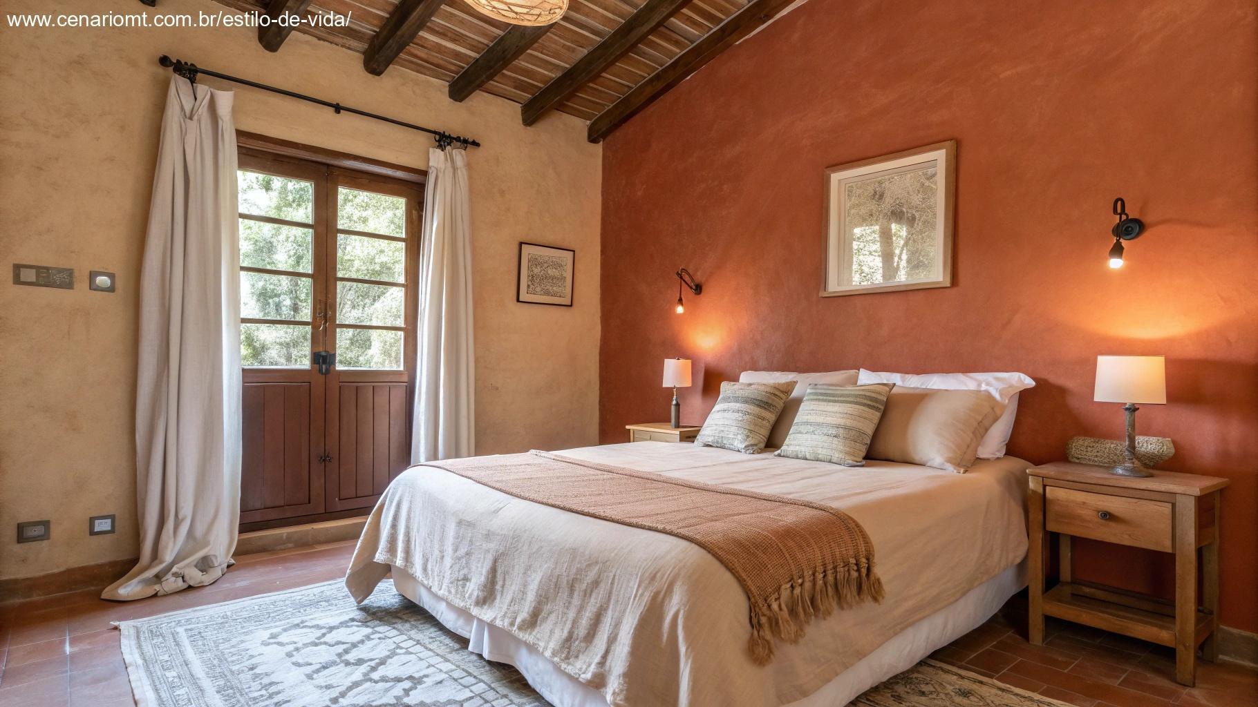 Quarto aconchegante com paredes em Terracota