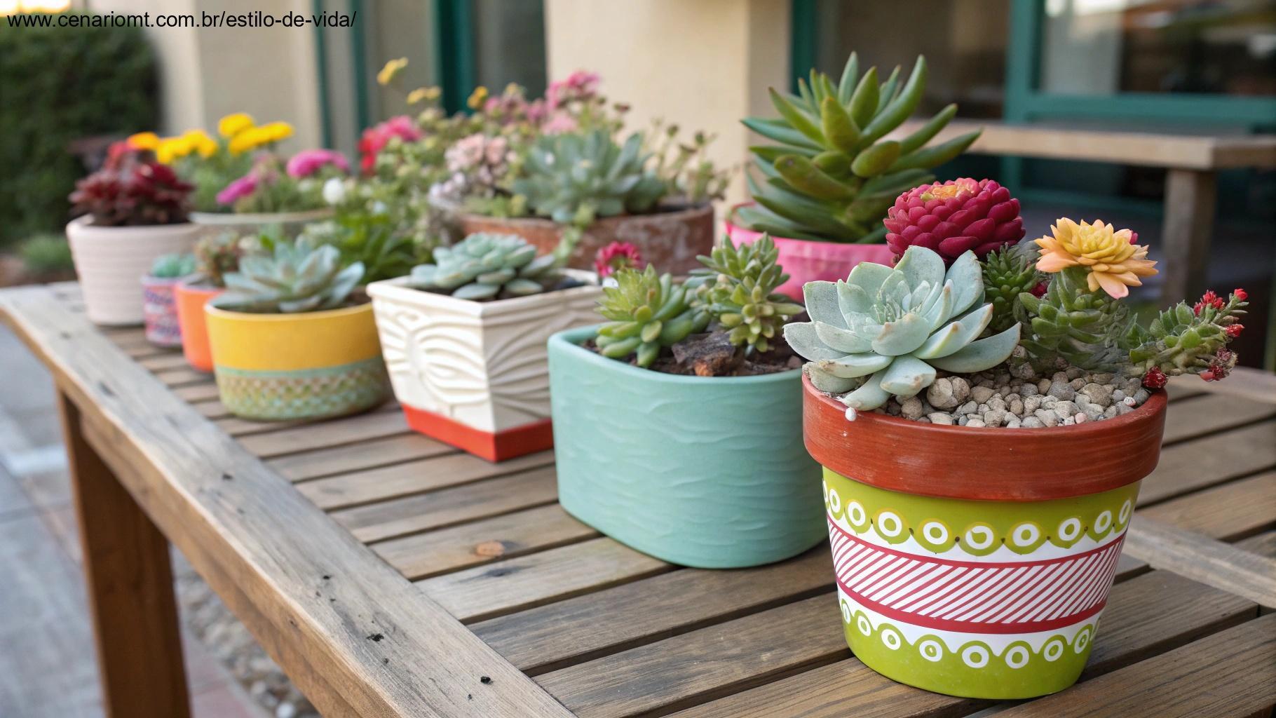Vasos criativos com uma mistura de suculentas e flores