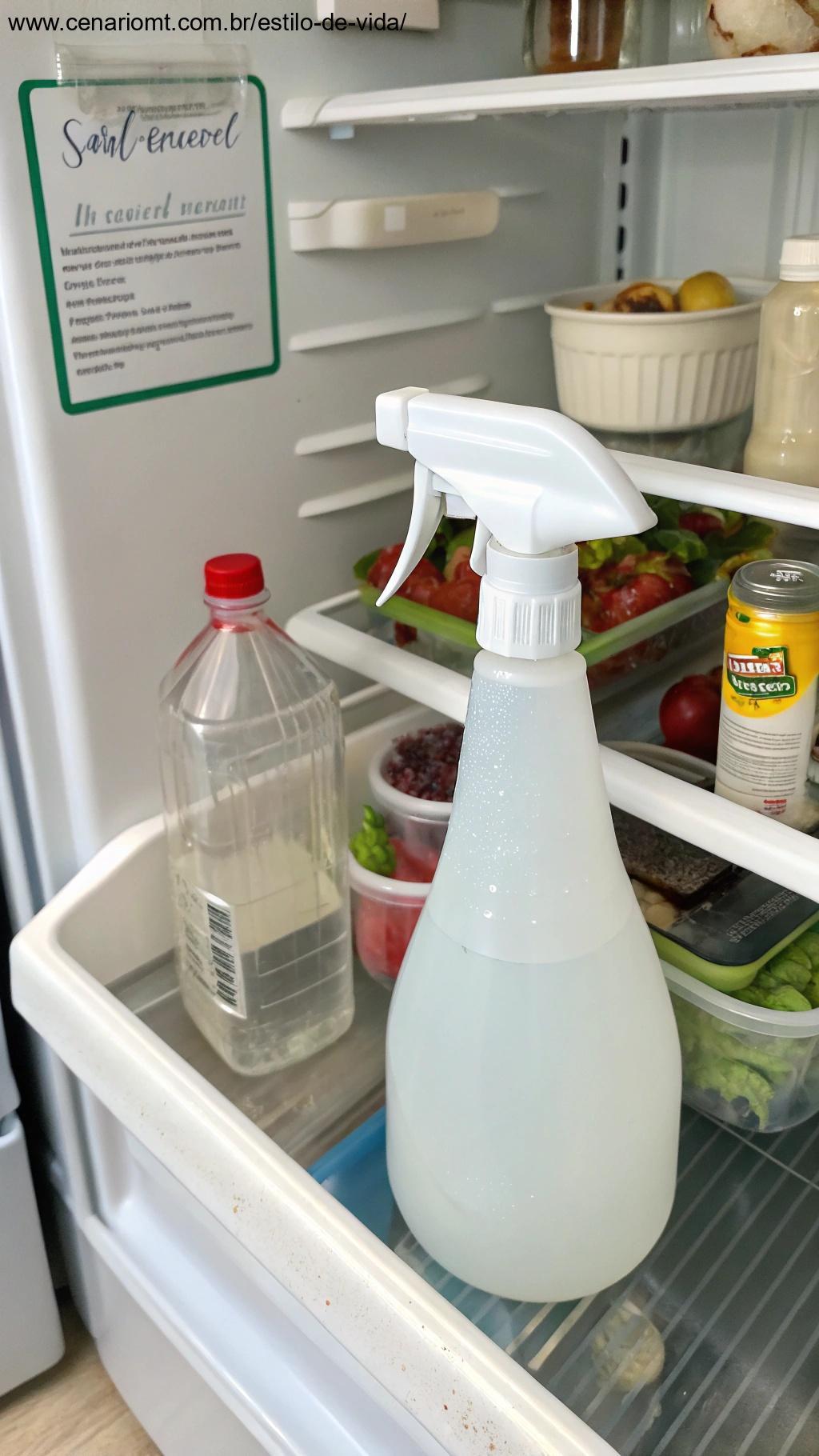 Frasco de spray com vinagre branco colocado na prateleira de uma geladeira, com o interior limpo e organizado visível