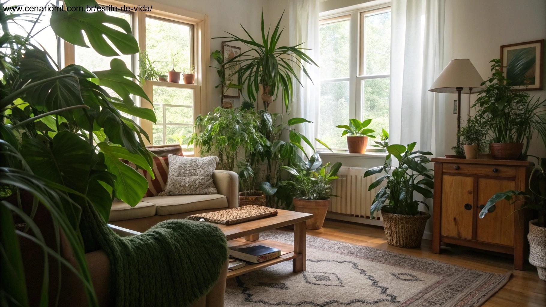 Sala aconchegante decorada com plantas e iluminação natural.