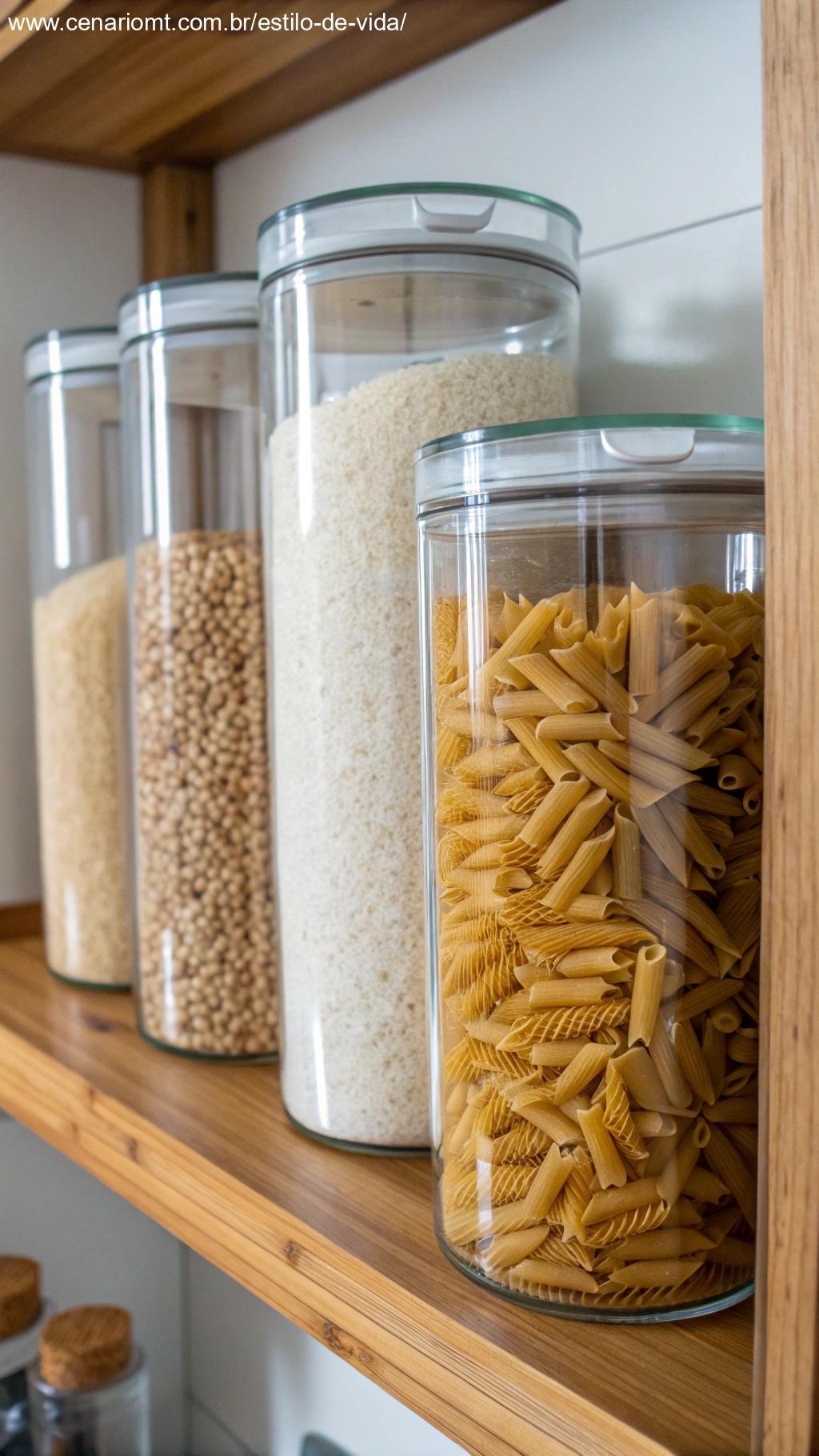 recipientes de vidro transparentes armazenando alimentos secos como macarrão, arroz e farinha, permitindo visibilidade do conteúdo