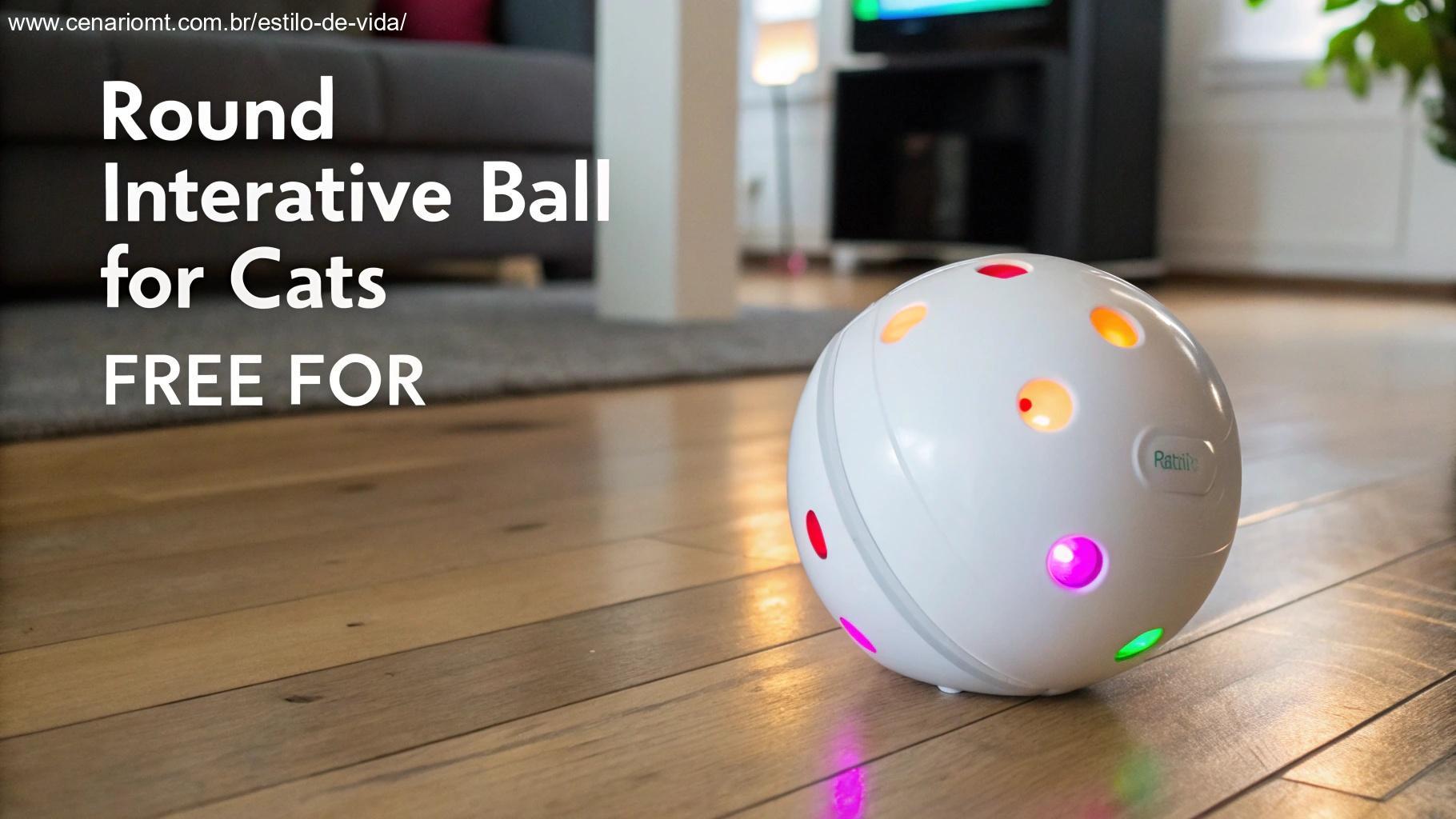 Bola interativa para gatos com luzes coloridas visíveis enquanto rola pelo chão.