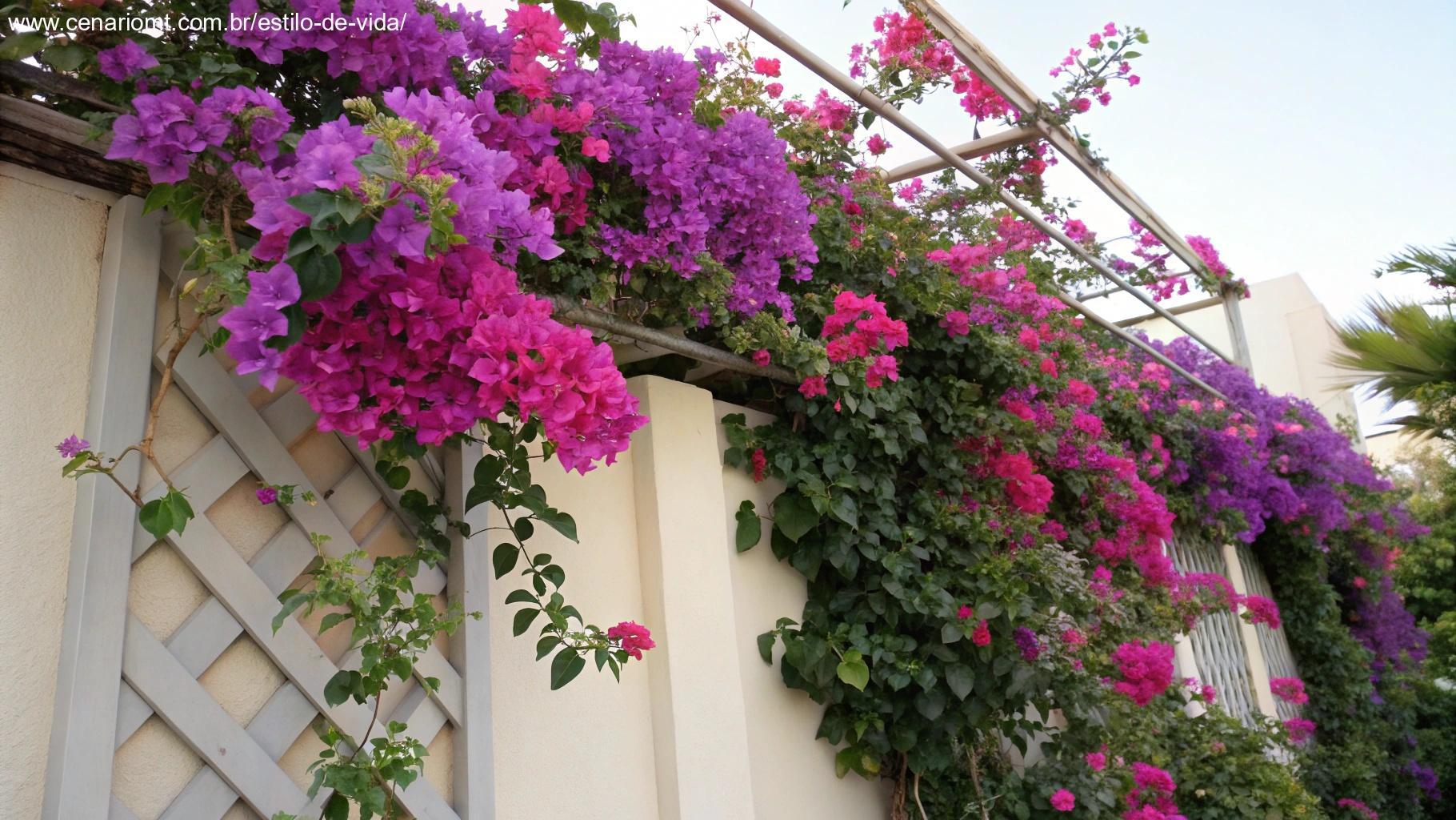 Uma planta de bougainvillea com flores vibrantes roxas e rosas subindo por uma treliça, exibindo cores exuberantes.