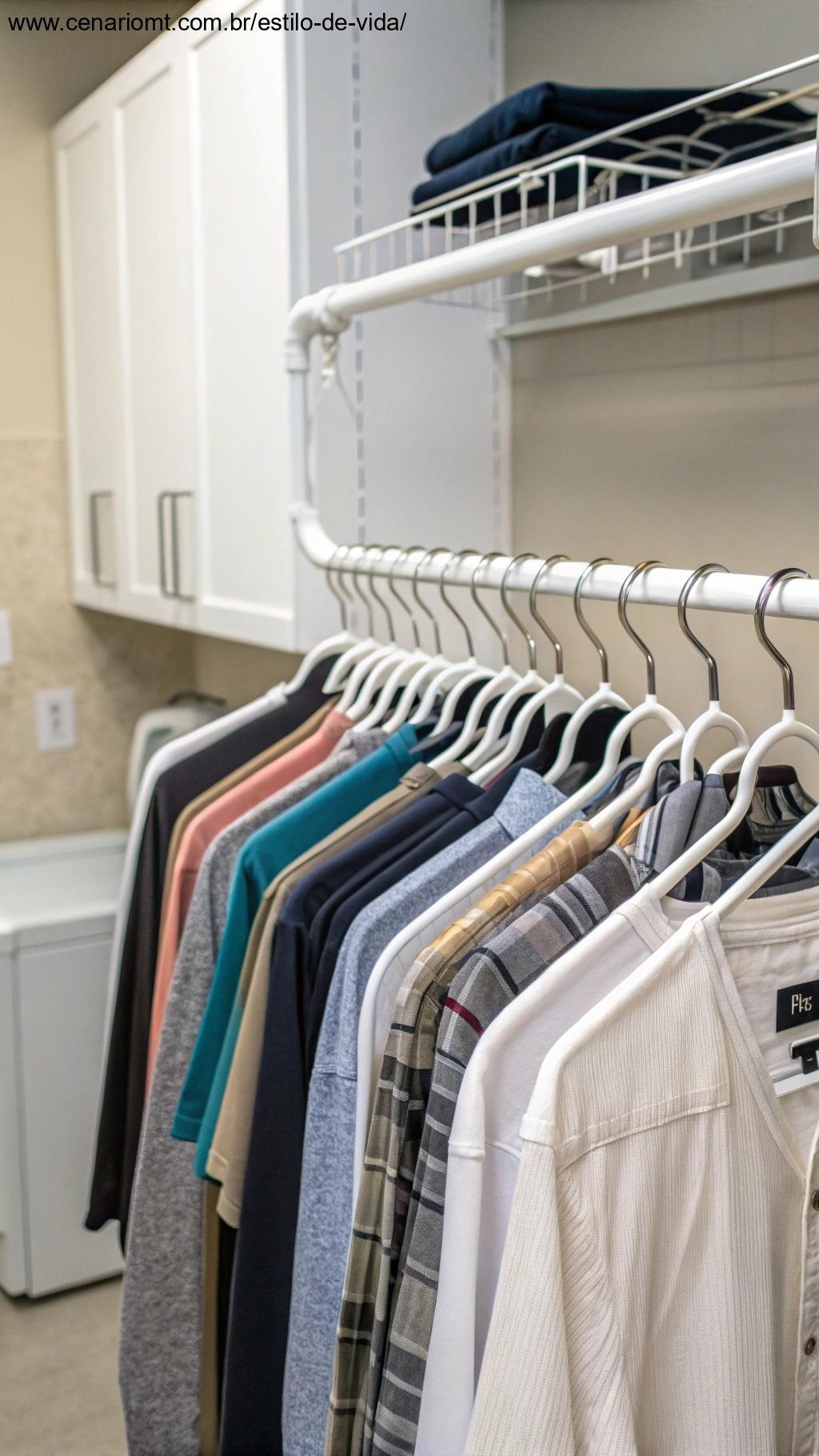 Cabides deslizantes para roupas em uma lavanderia, funcionais e economizadores de espaço