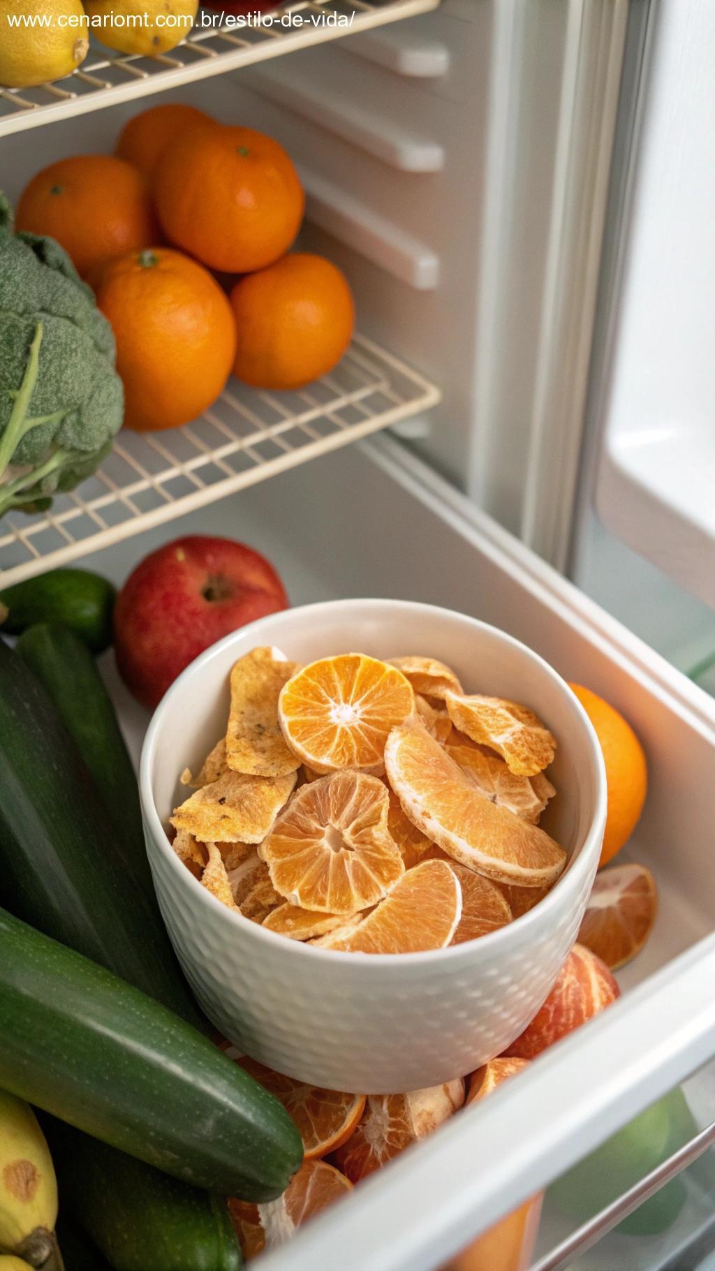Pequena tigela cheia de cascas de frutas cítricas secas, colocada na prateleira de uma geladeira ao lado de produtos frescos