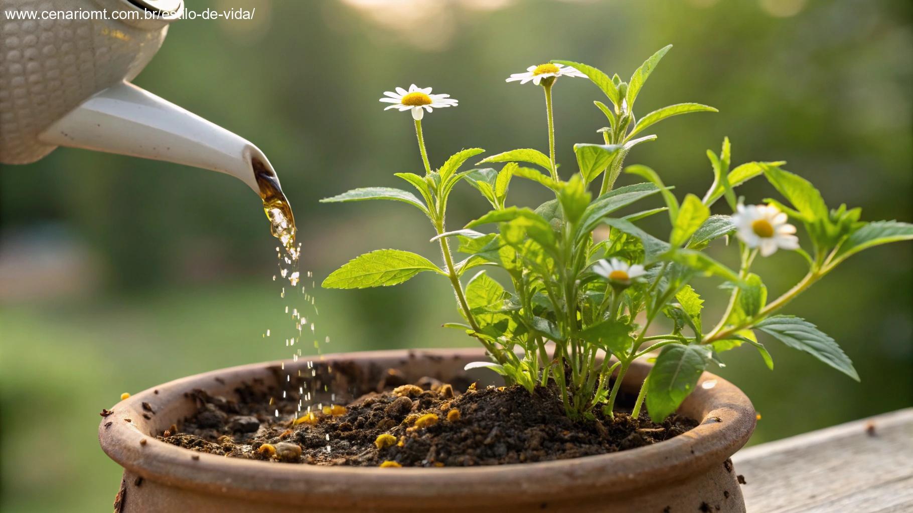 folhas de chá de camomila sendo despejadas no solo de um vaso com planta saudável