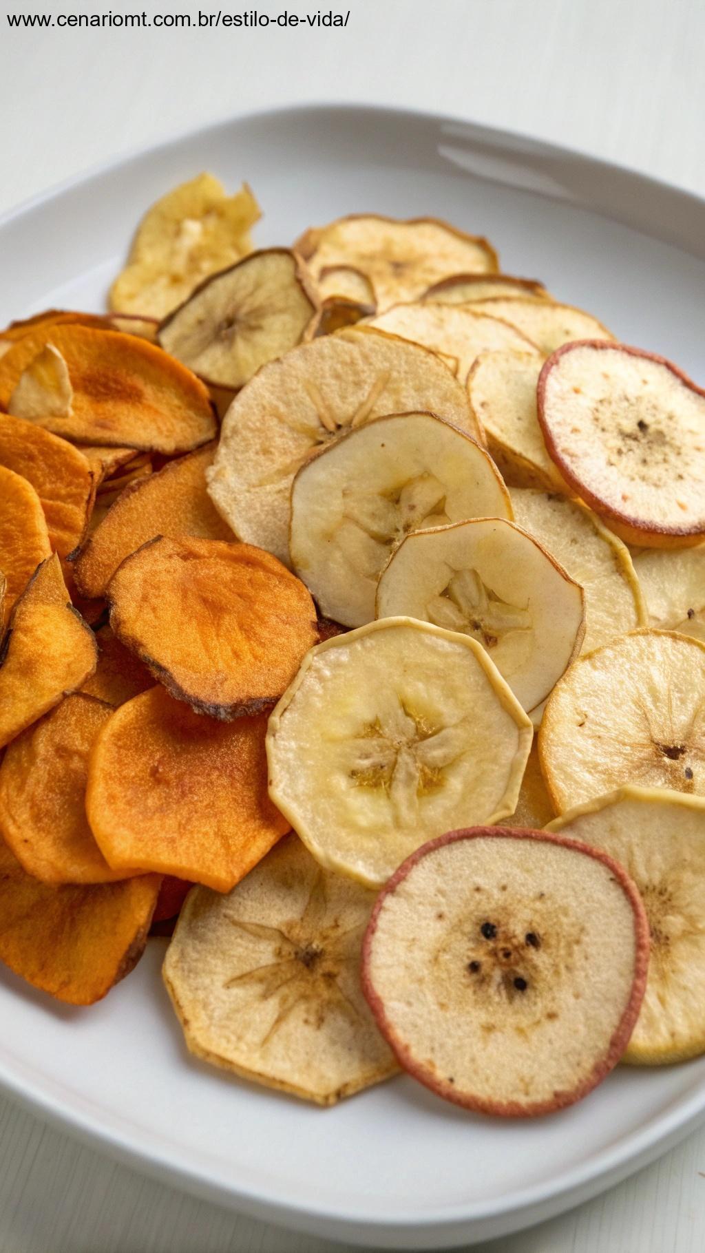 chips crocantes de frutas feitas com maçãs, bananas e batatas-doces, dispostas de forma organizada em um prato