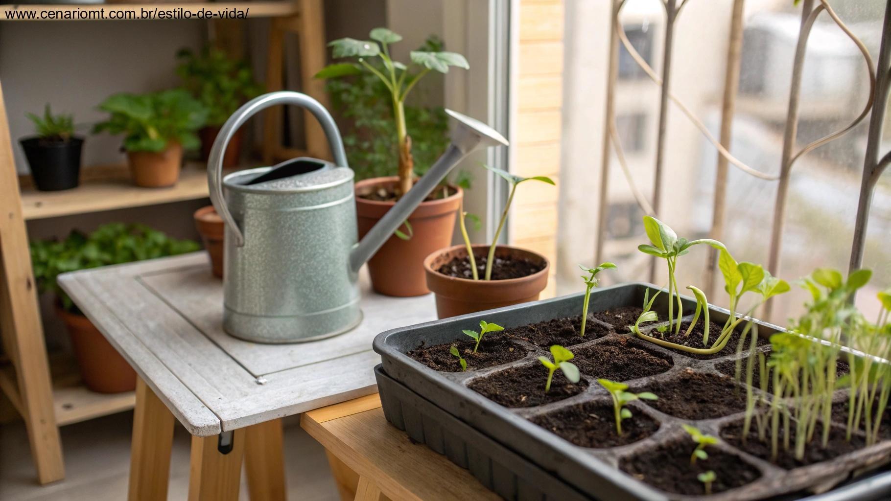 uma horta pequena com plantas brotando e um regador