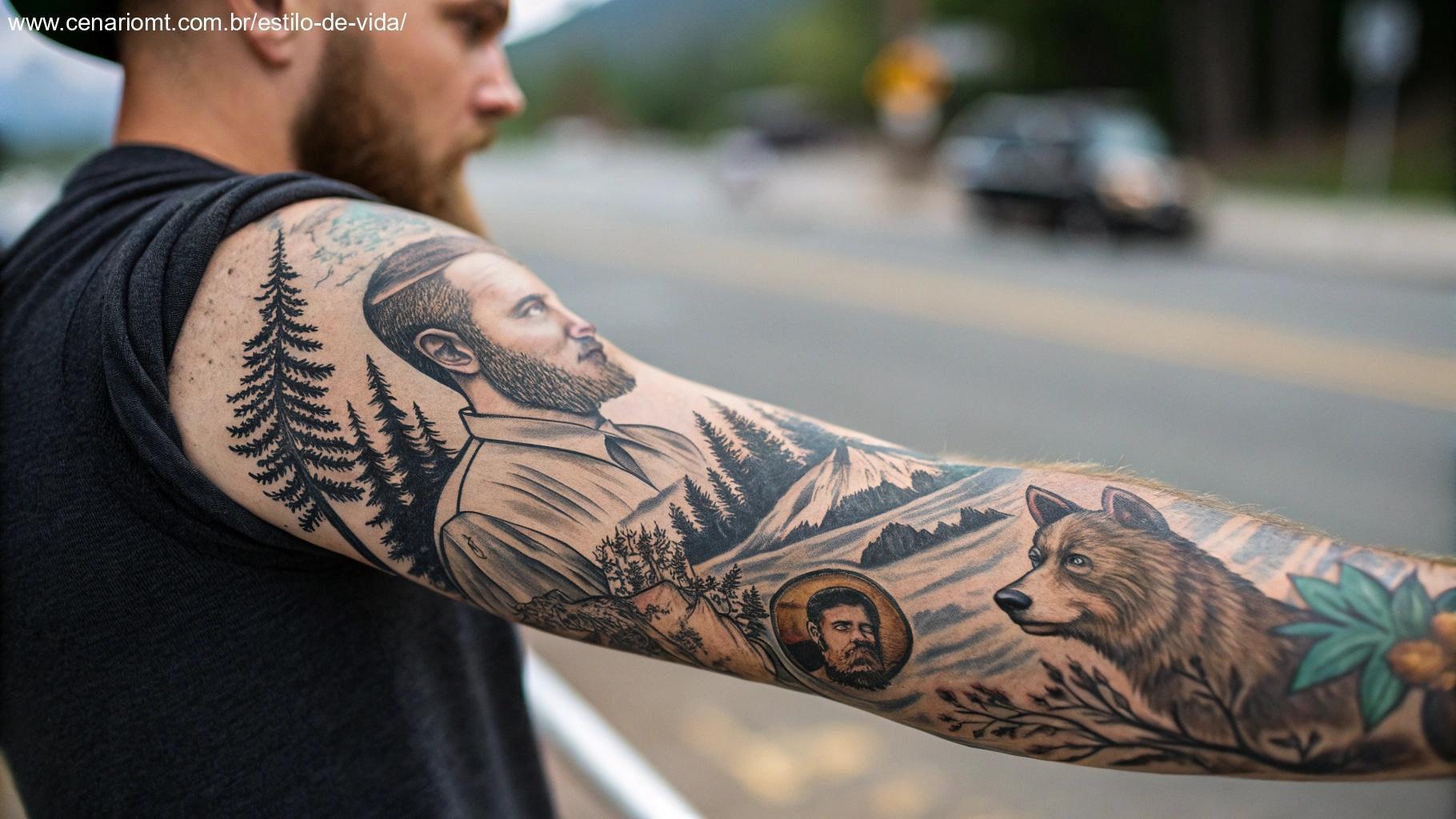 Tatuagens realistas, retratando imagens realistas de animais, retratos ou natureza, com sombreamento detalhado e texturas