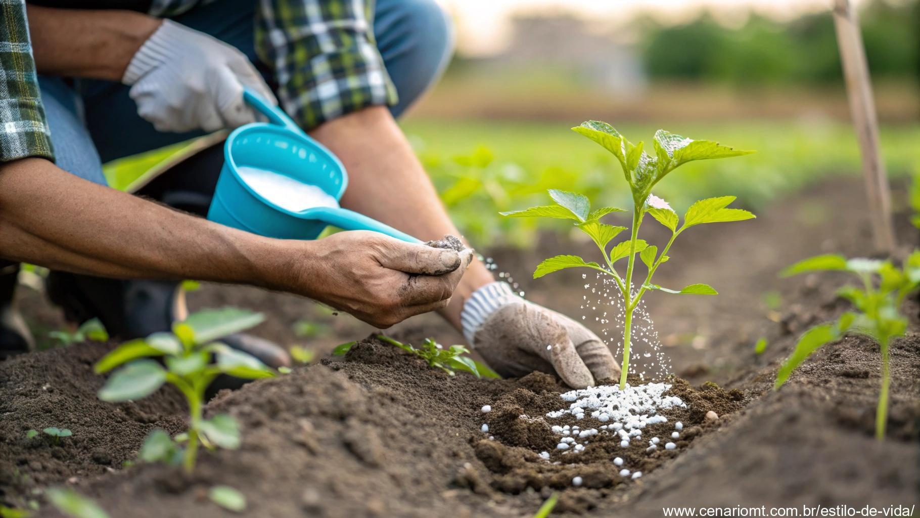 Imagem de um jardineiro fertilizando o solo com cuidado e precisão.
