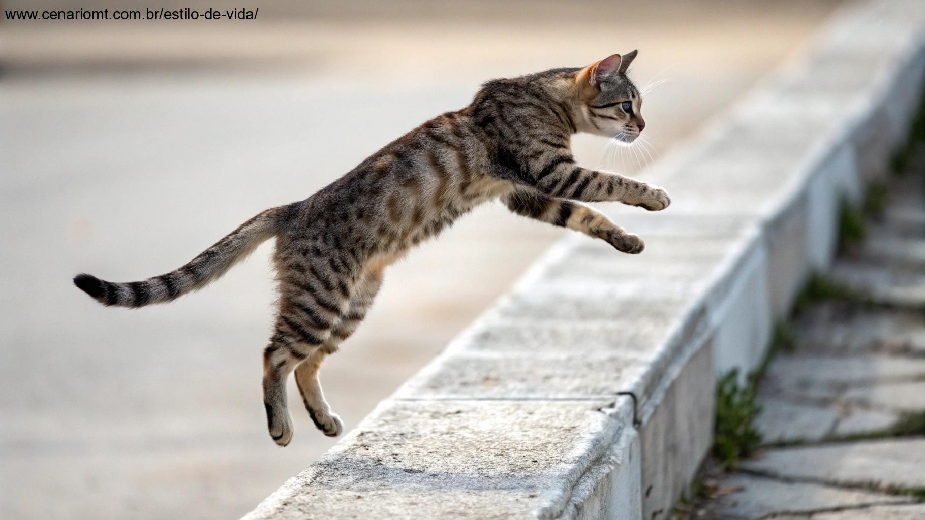Gato pulando e aterrissando suavemente, desafiando o mito.