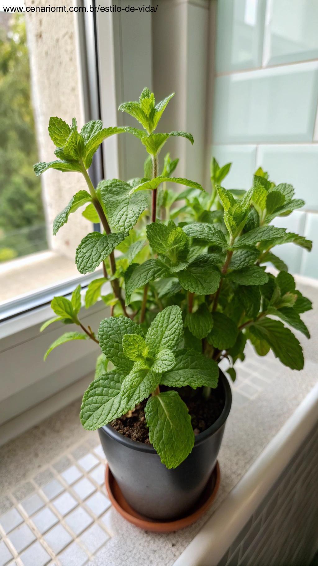 Planta de hortelã com folhas frescas, em um vaso pequeno.