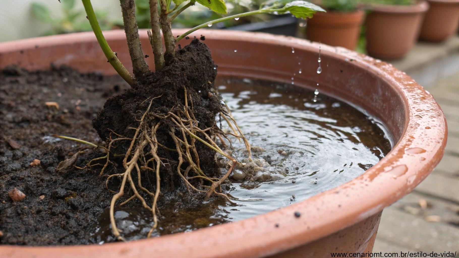 Close-up do solo em um vaso com água acumulada no fundo, mostrando drenagem inadequada e o impacto na saúde das plantas.