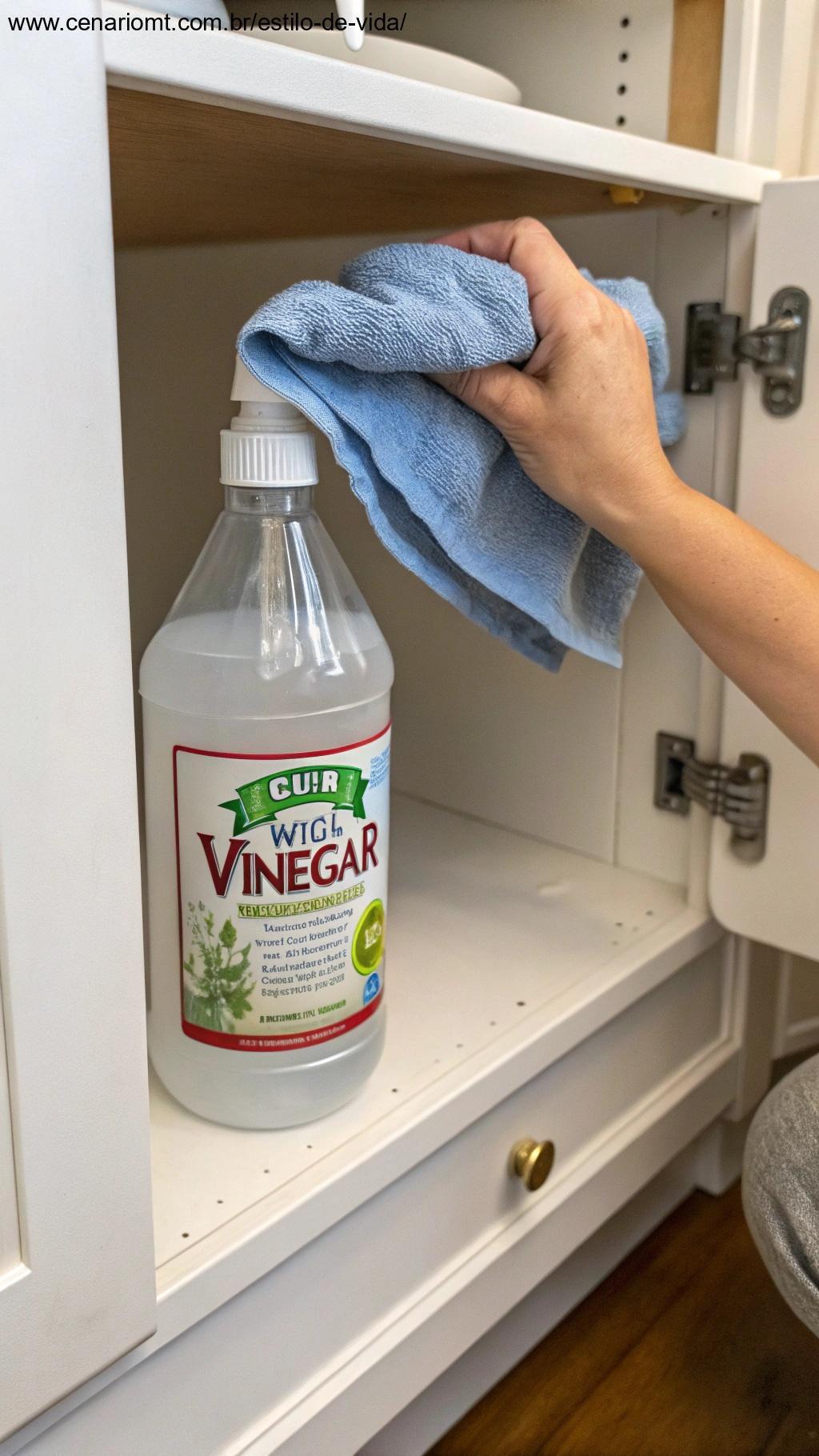Uma garrafa de vinagre branco e um pano sendo usados para limpar o interior de um armário, mostrando um método natural de limpeza para evitar mofo
