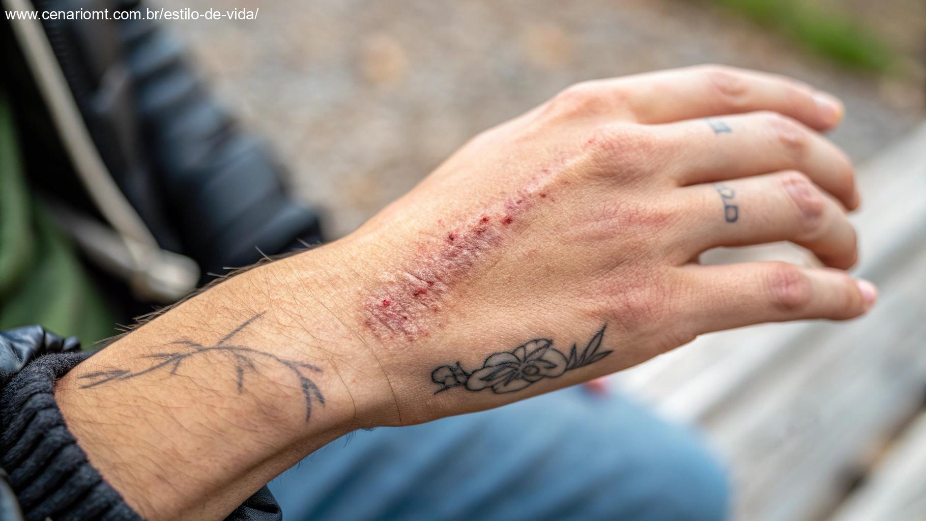 Mão não tocando ou arranhando uma tatuagem com crostas visíveis