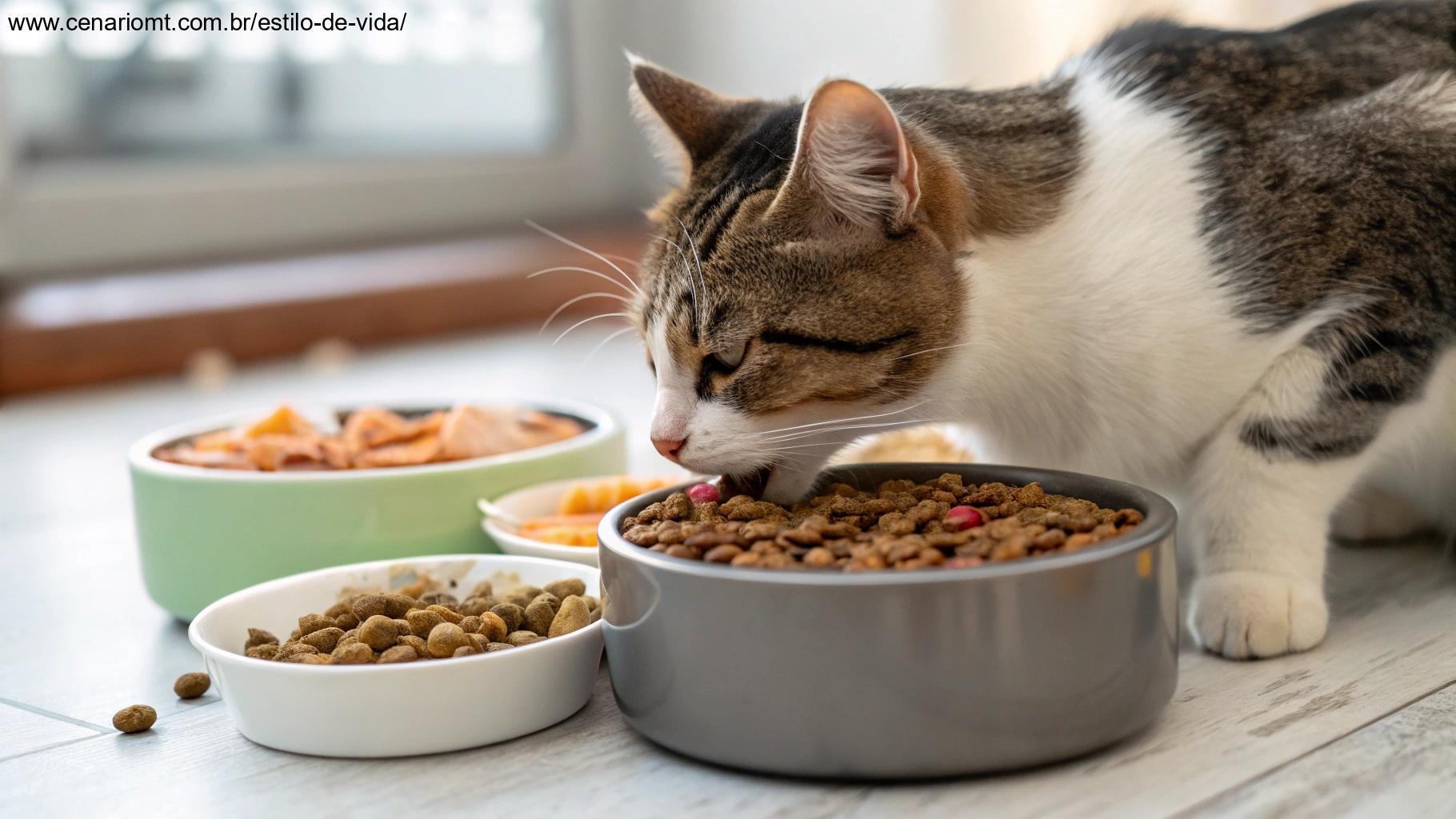 gato saboreando uma refeição com alimentos úmidos e secos