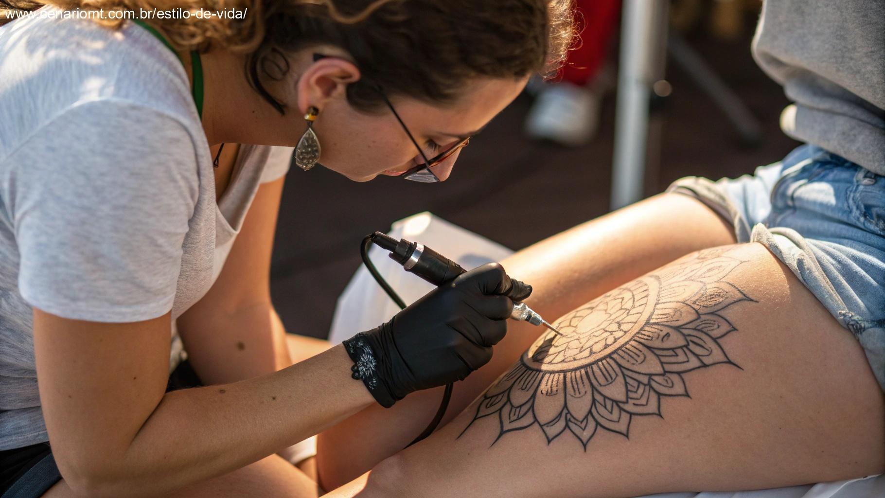 Imagem da parte interna da coxa sendo tatuada.