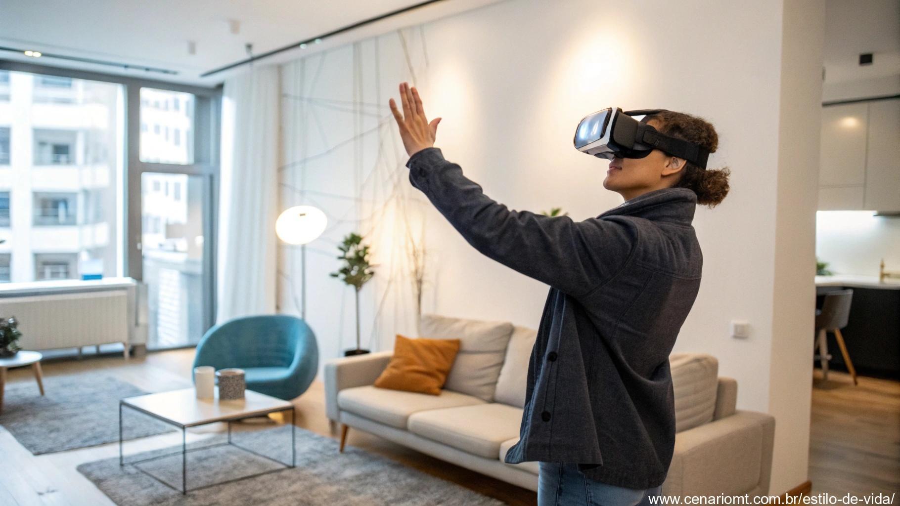 Uma pessoa usando óculos de realidade aumentada para interagir com um ambiente virtual em uma sala moderna.