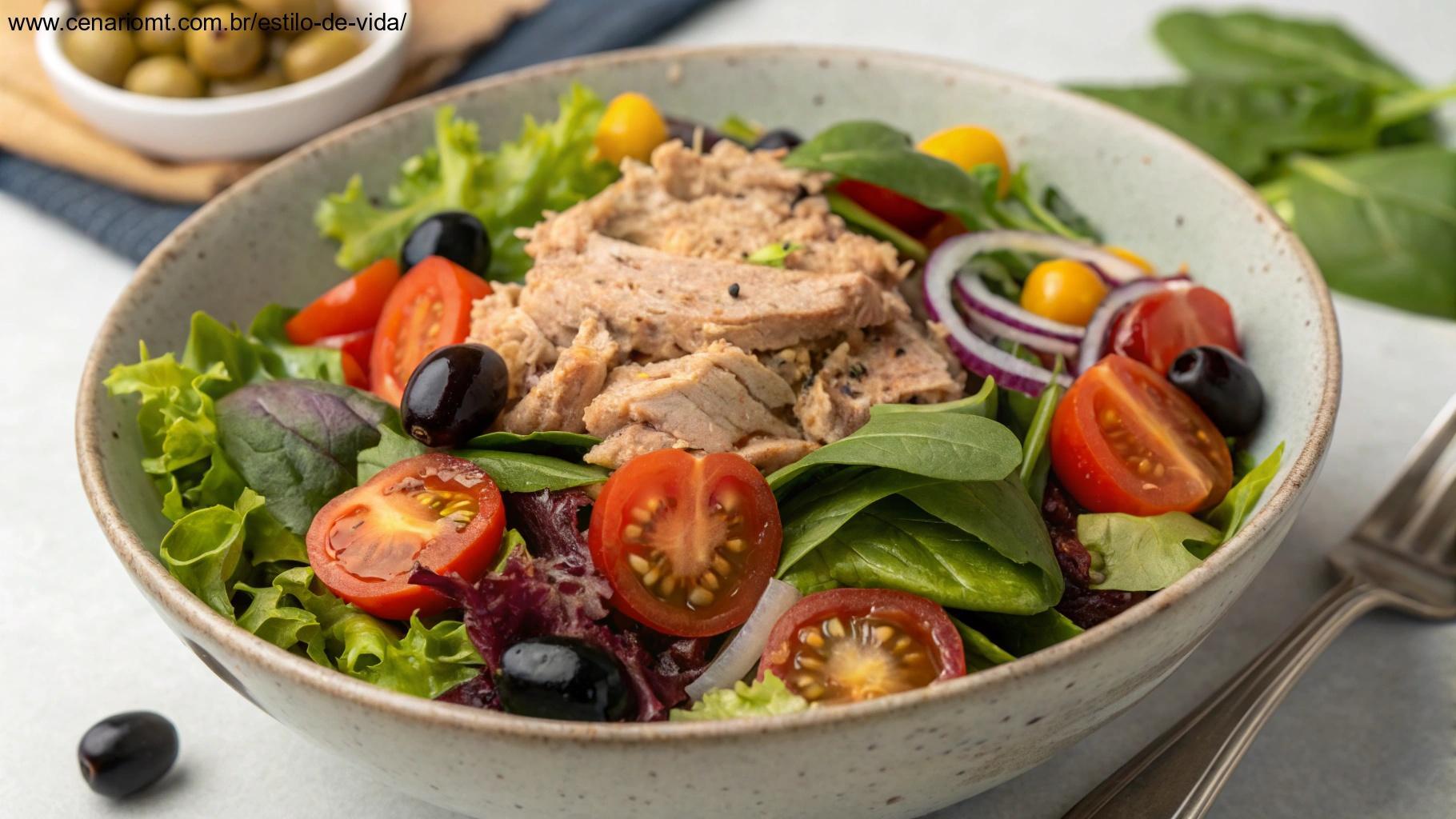 Uma salada de atum fresca e saudável, com uma variedade de folhas verdes, tomates e azeitonas, servida em uma tigela.