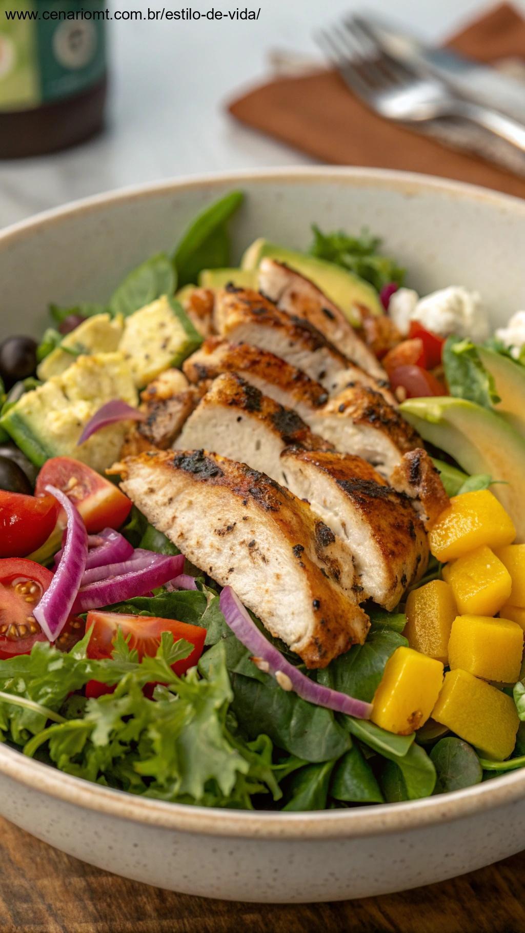 Salada de frango grelhado com folhas verdes e legumes coloridos.
