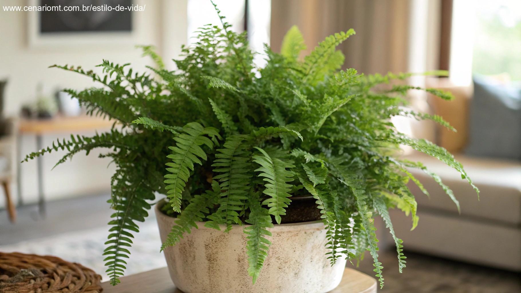 samambaia exuberante em um grande vaso colocada na sala de estar, com suas folhas delicadas criando uma atmosfera verde vibrante no ambiente