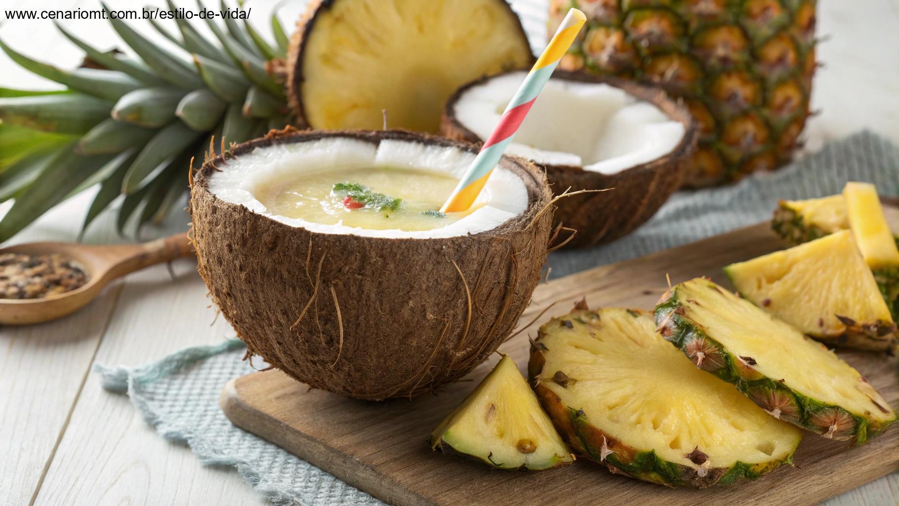 Suco de abacaxi com coco servido em uma casca de coco.