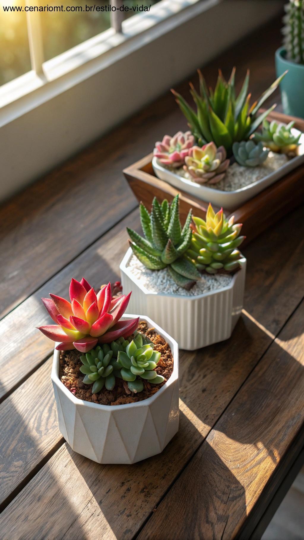 Um pequeno arranjo de suculentas coloridas em vasos de formatos variados, exposto sobre uma mesa de madeira com luz solar entrando.