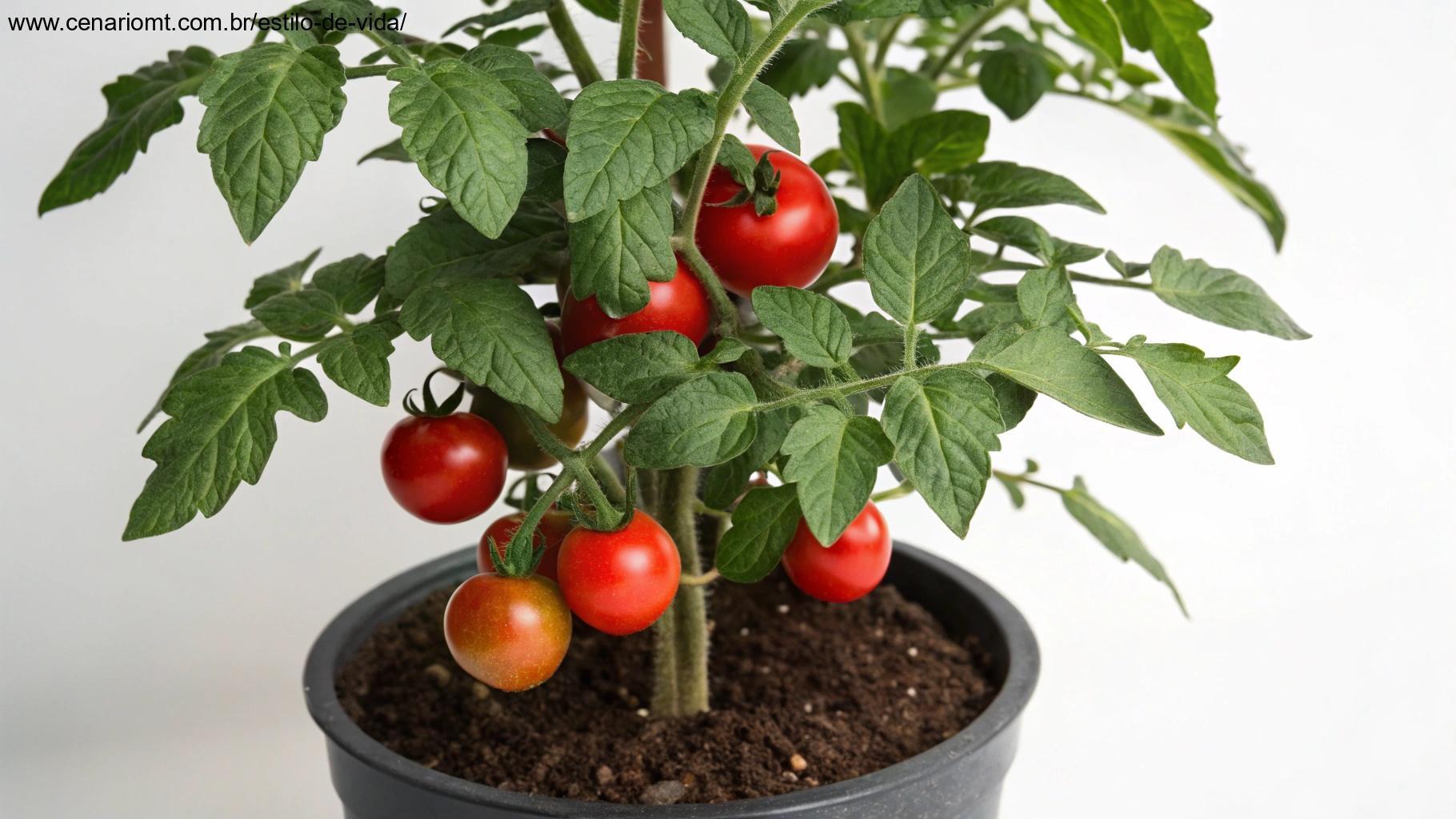 Planta de tomate em vaso com tomates vermelhos maduros pendurados nos galhos, cercada por folhas verdes.