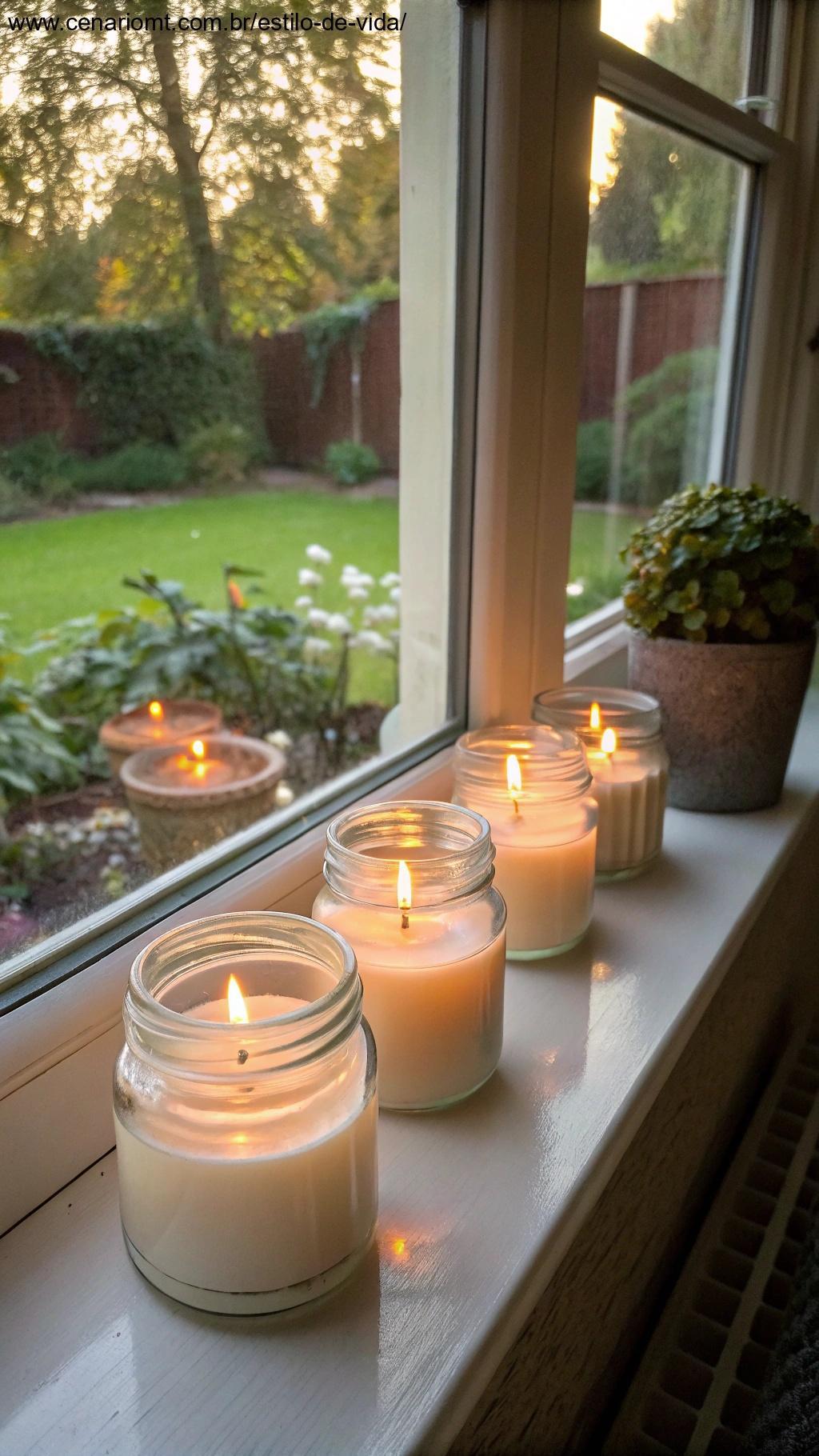 Frascos de vidro cheios de velas aromáticas, emitindo um brilho suave, colocados no parapeito de uma janela com vista para um jardim ao fundo