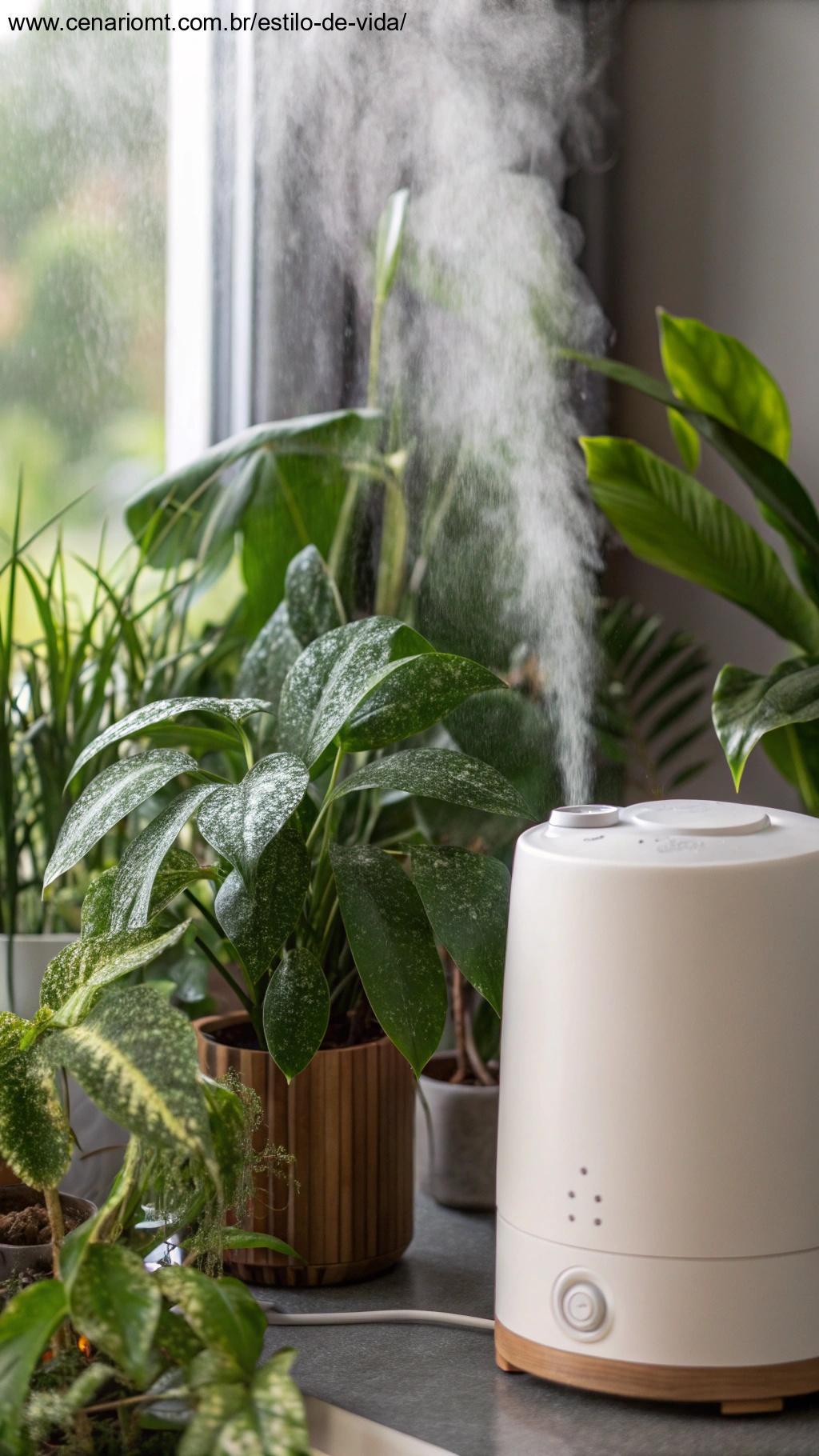 Umidificador ao lado de plantas de interior, liberando vapor.