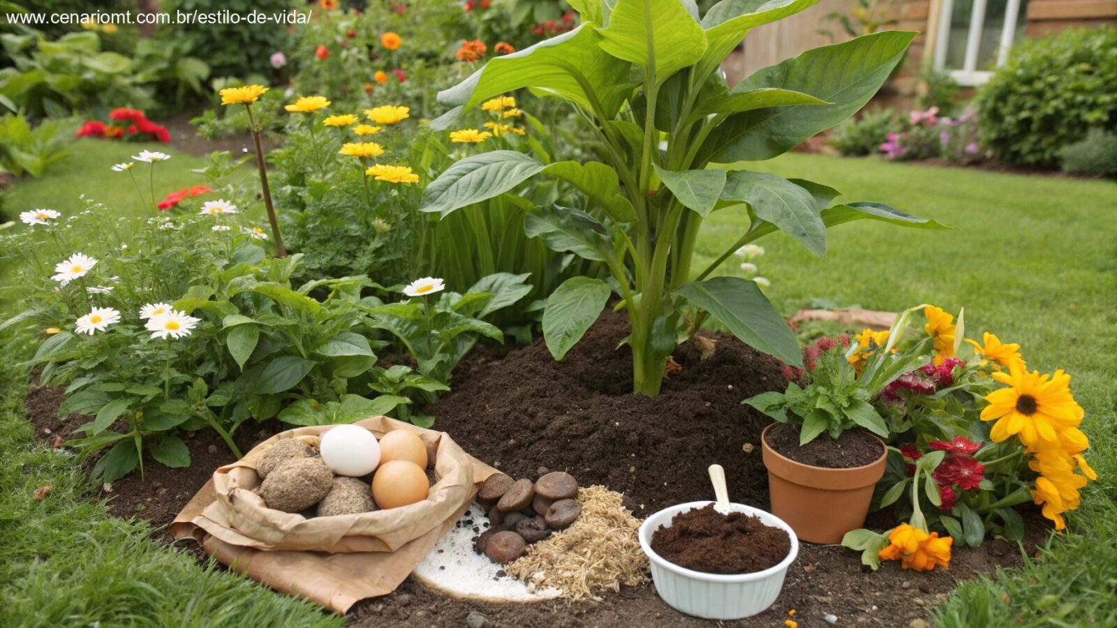 diversos adubos caseiros naturais ao redor de uma planta saudável em um jardim vibrante