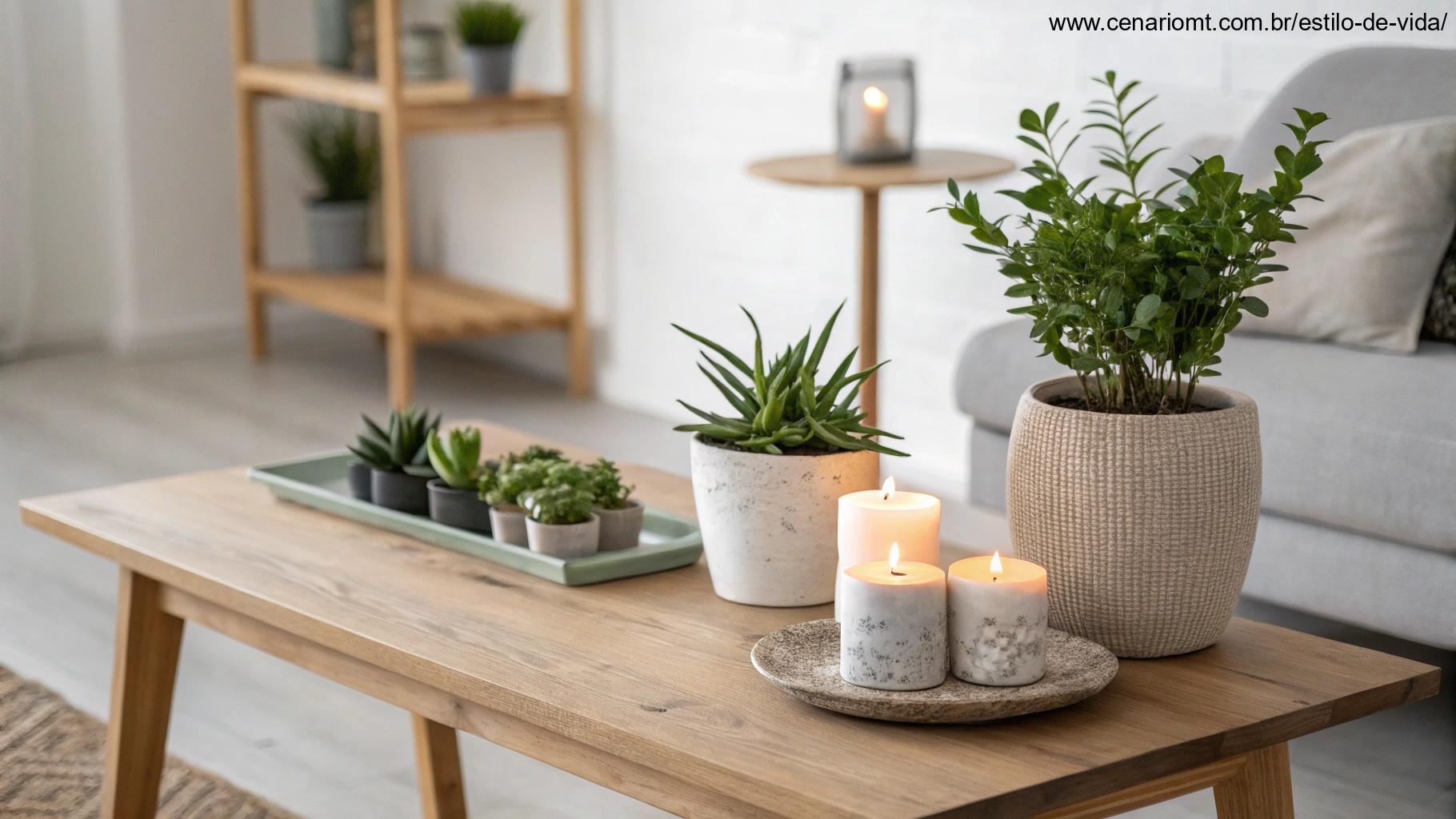 decoração minimalista de apartamento com mesa de madeira e plantas em vasos
