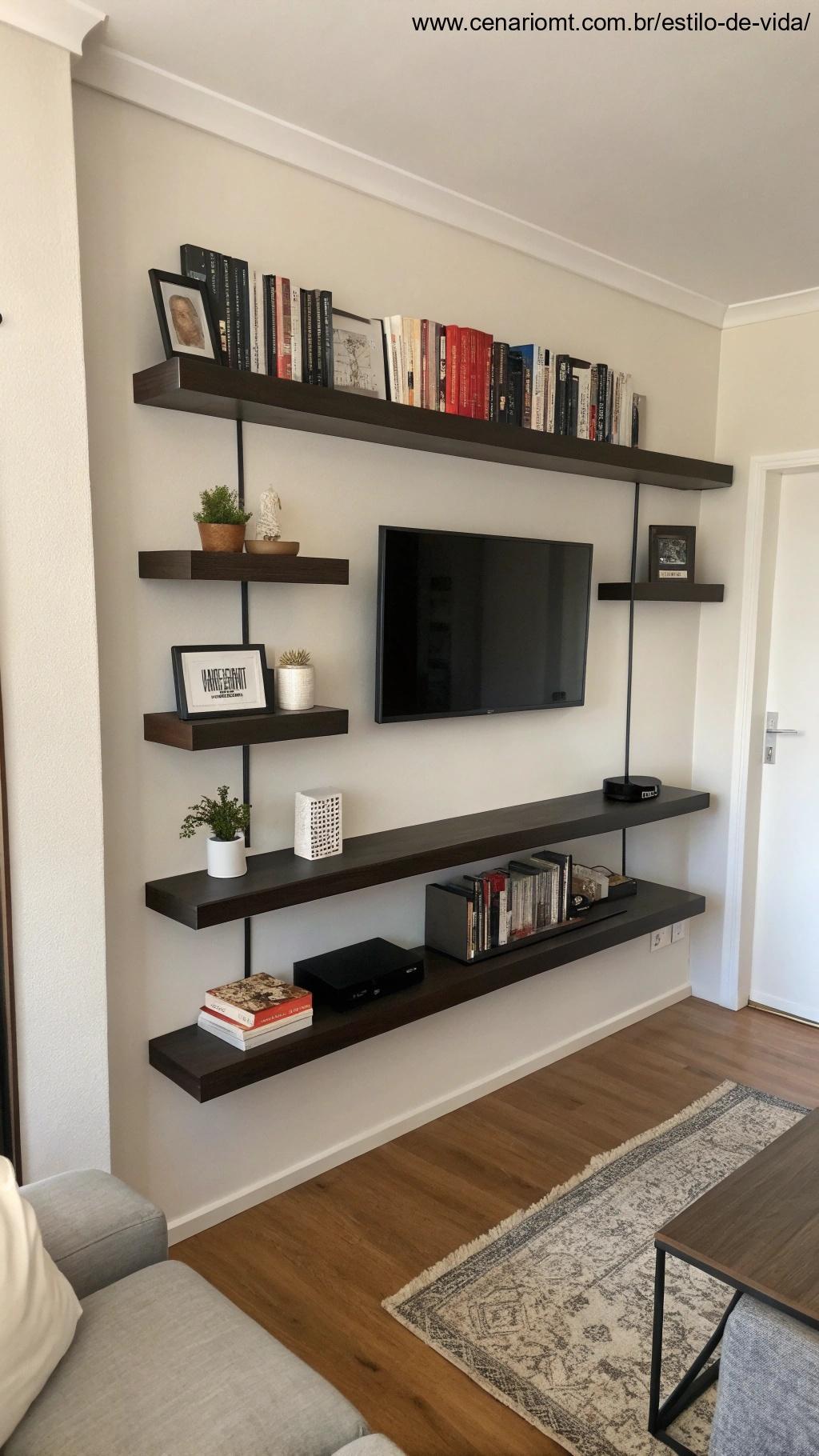 uma estante suspensa com design minimalista em uma sala de estar pequena