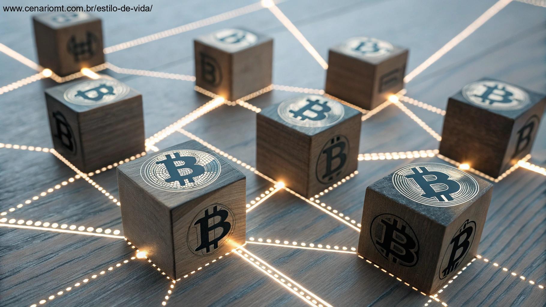 Uma rede de blockchain visualizada com blocos interconectados e moedas digitais.