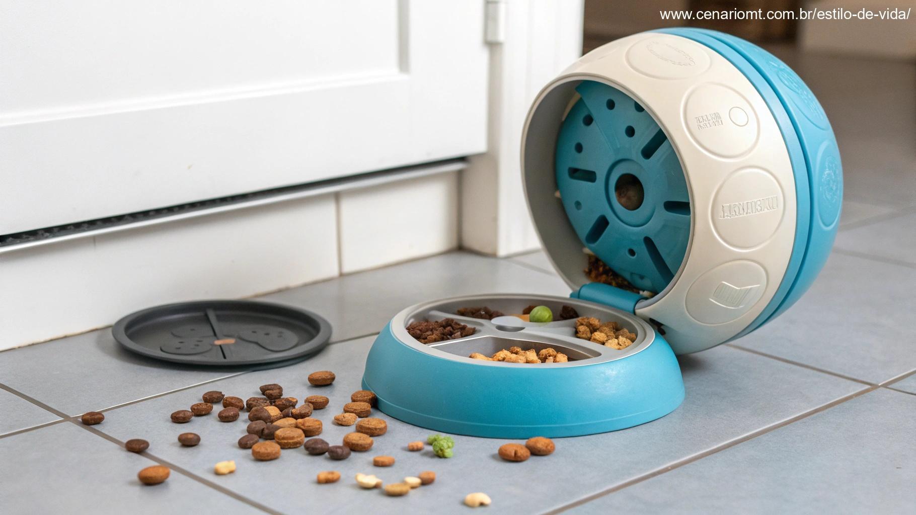 Brinquedo com dispensador de ração para cães, colocado sobre um piso de cerâmica.