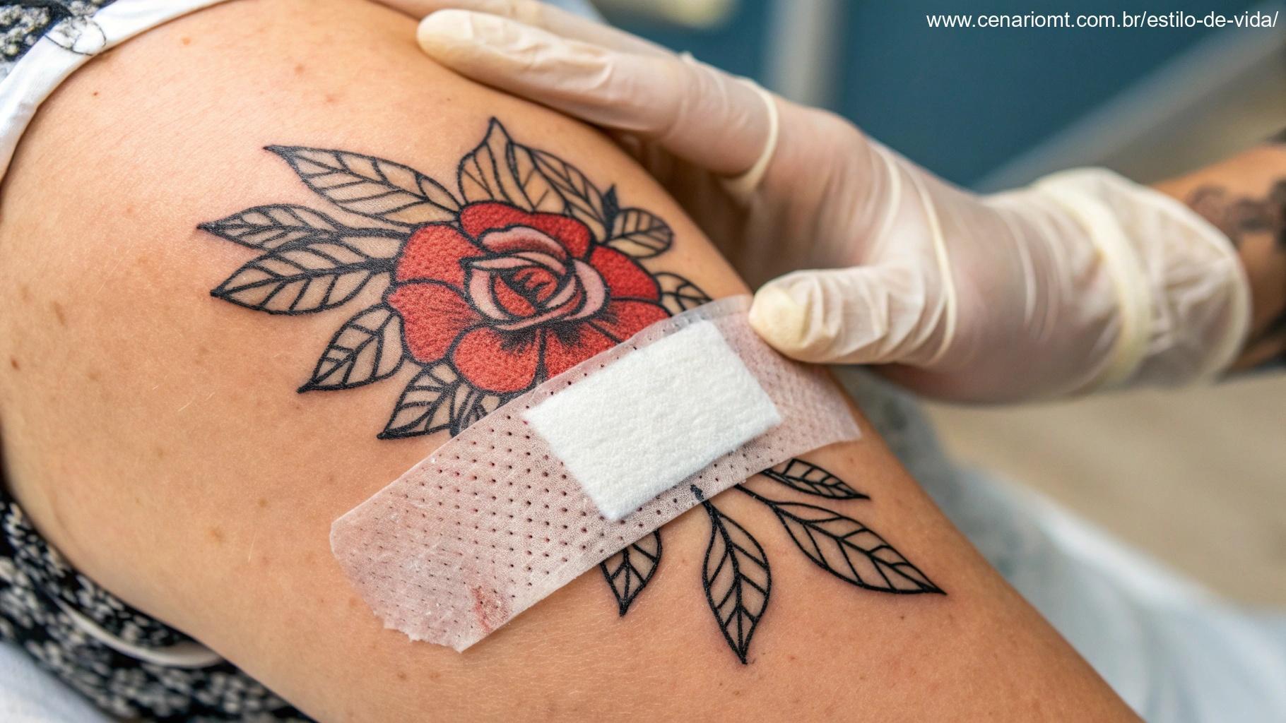 Cuidados com a cicatrização de tatuagens, com pomada e curativo, focando no processo de cicatrização de um desenho recém-feito