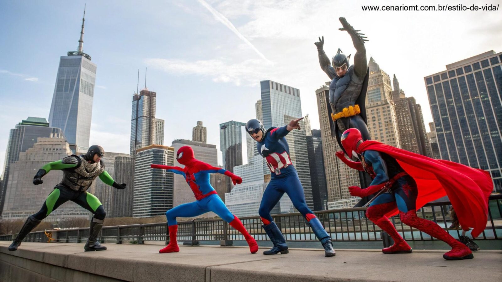 Uma ilustração vibrante de uma página de quadrinhos com super-heróis coloridos em poses dinâmicas contra um cenário urbano.