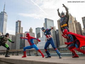 Uma ilustração vibrante de uma página de quadrinhos com super-heróis coloridos em poses dinâmicas contra um cenário urbano.