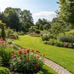 Imagem de um jardim bonito e saudável com flores vibrantes e plantas verdes sob o sol de verão.
