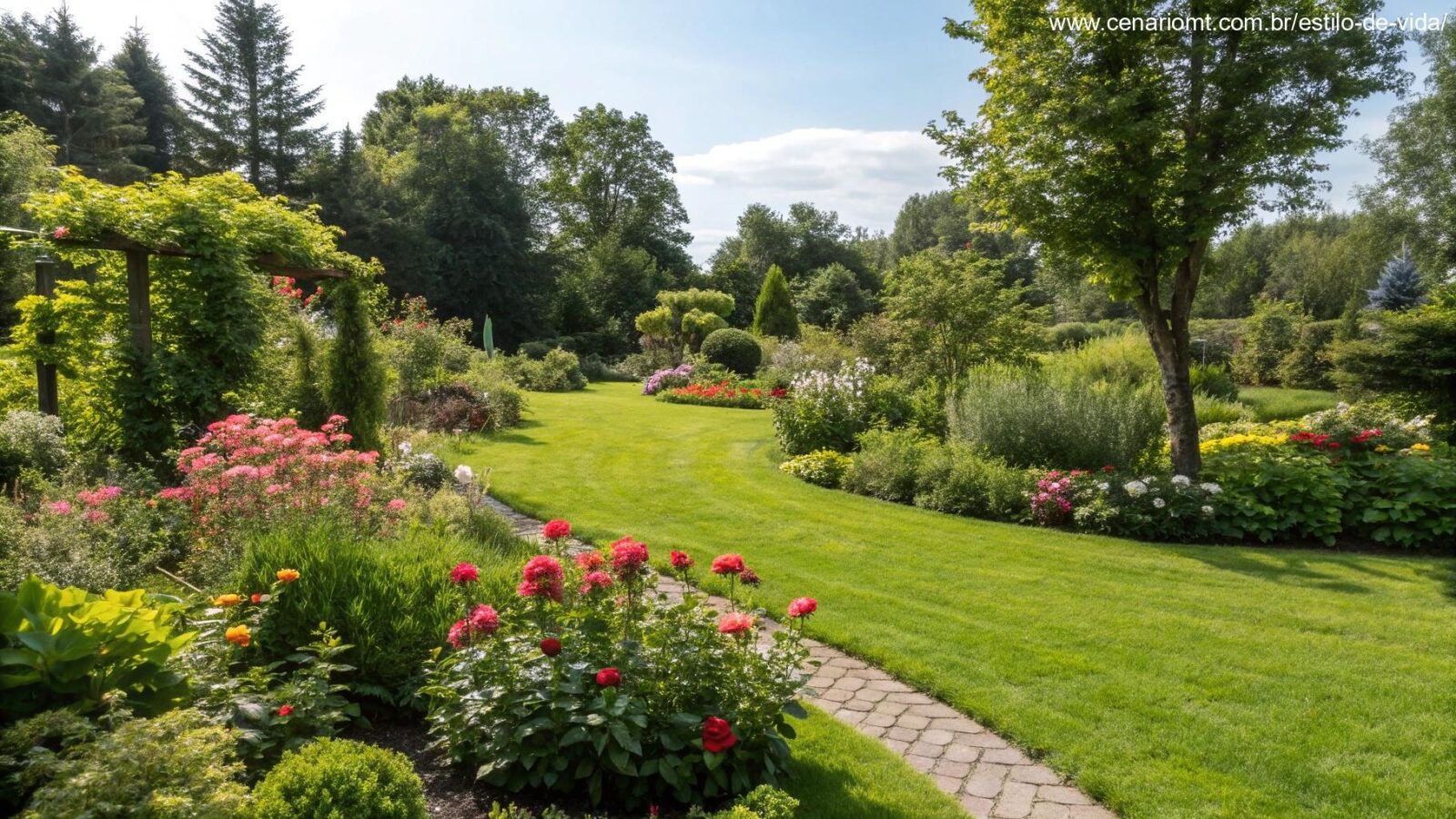 Imagem de um jardim bonito e saudável com flores vibrantes e plantas verdes sob o sol de verão.