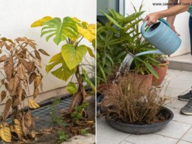 Ilustração de uma pessoa regando plantas, mostrando sinais de excesso e falta de água, com plantas murchas e saudáveis lado a lado.