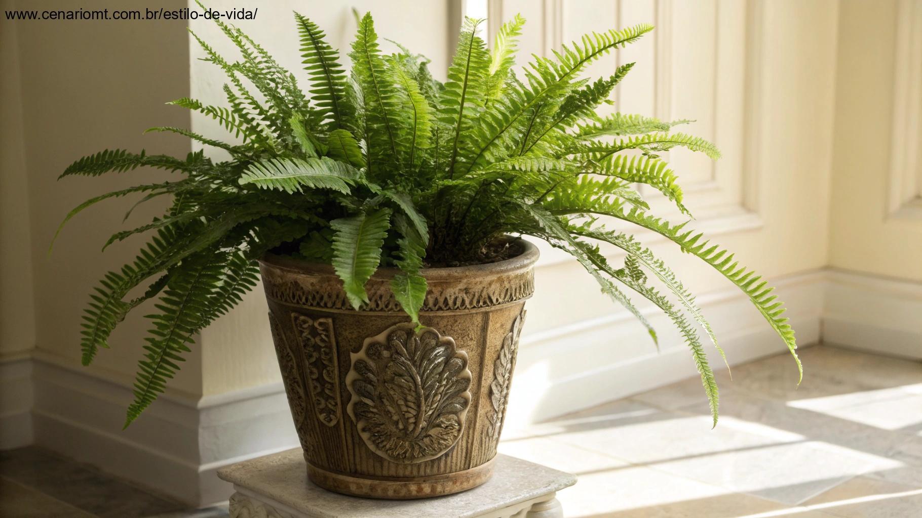 planta espada-de-são-jorge em um vaso decorativo, simbolizando proteção e força, colocada em um ambiente iluminado suavemente