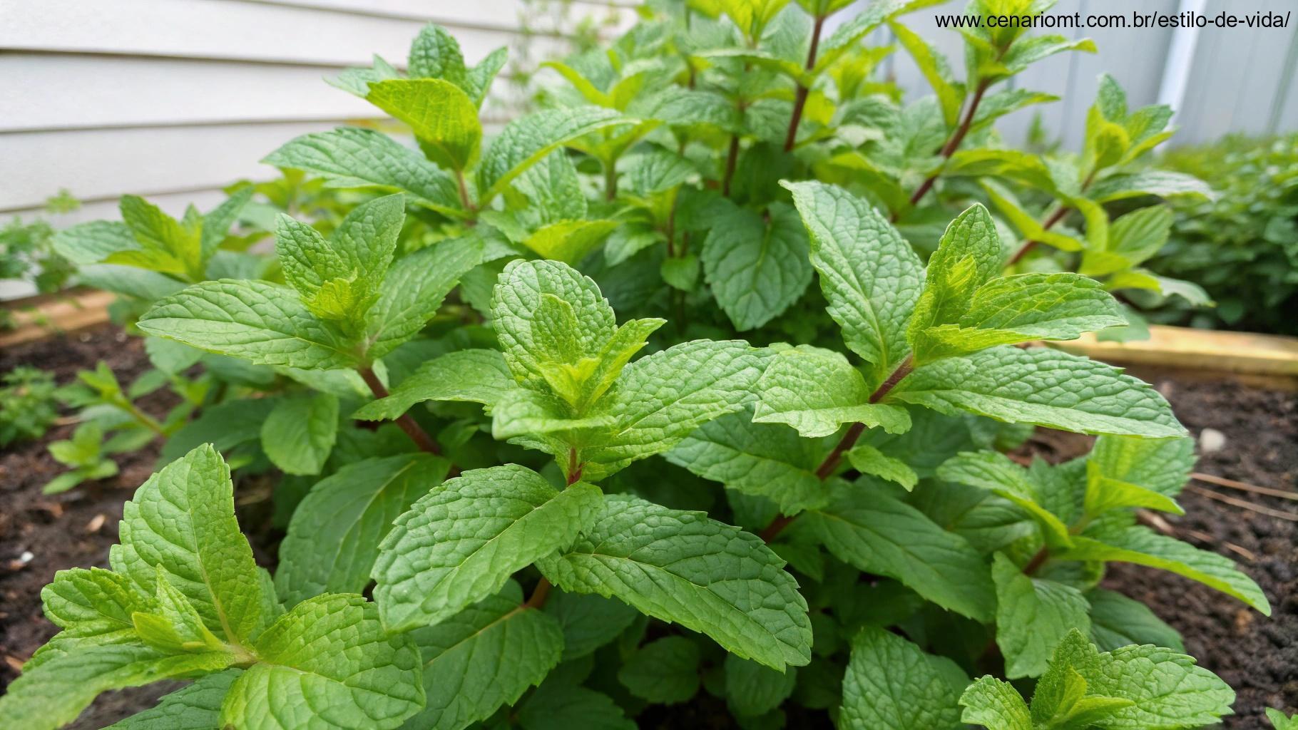 Uma planta de hortelã com folhas verdes brilhantes, crescendo em um jardim bem cuidado.
