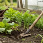 Ideias criativas para uma jardinagem sustentável e ecológica, com plantas verdes e ferramentas ecológicas.