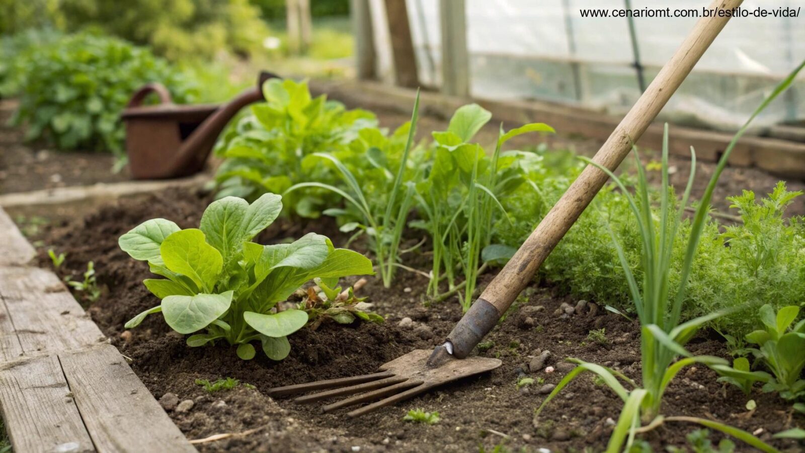 Ideias criativas para uma jardinagem sustentável e ecológica, com plantas verdes e ferramentas ecológicas.