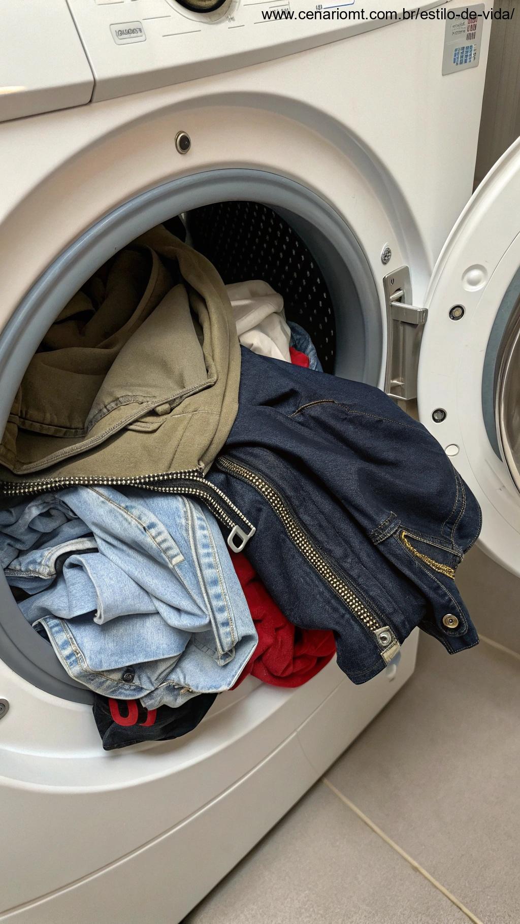 Roupas com zíperes e botões soltos na máquina de lavar