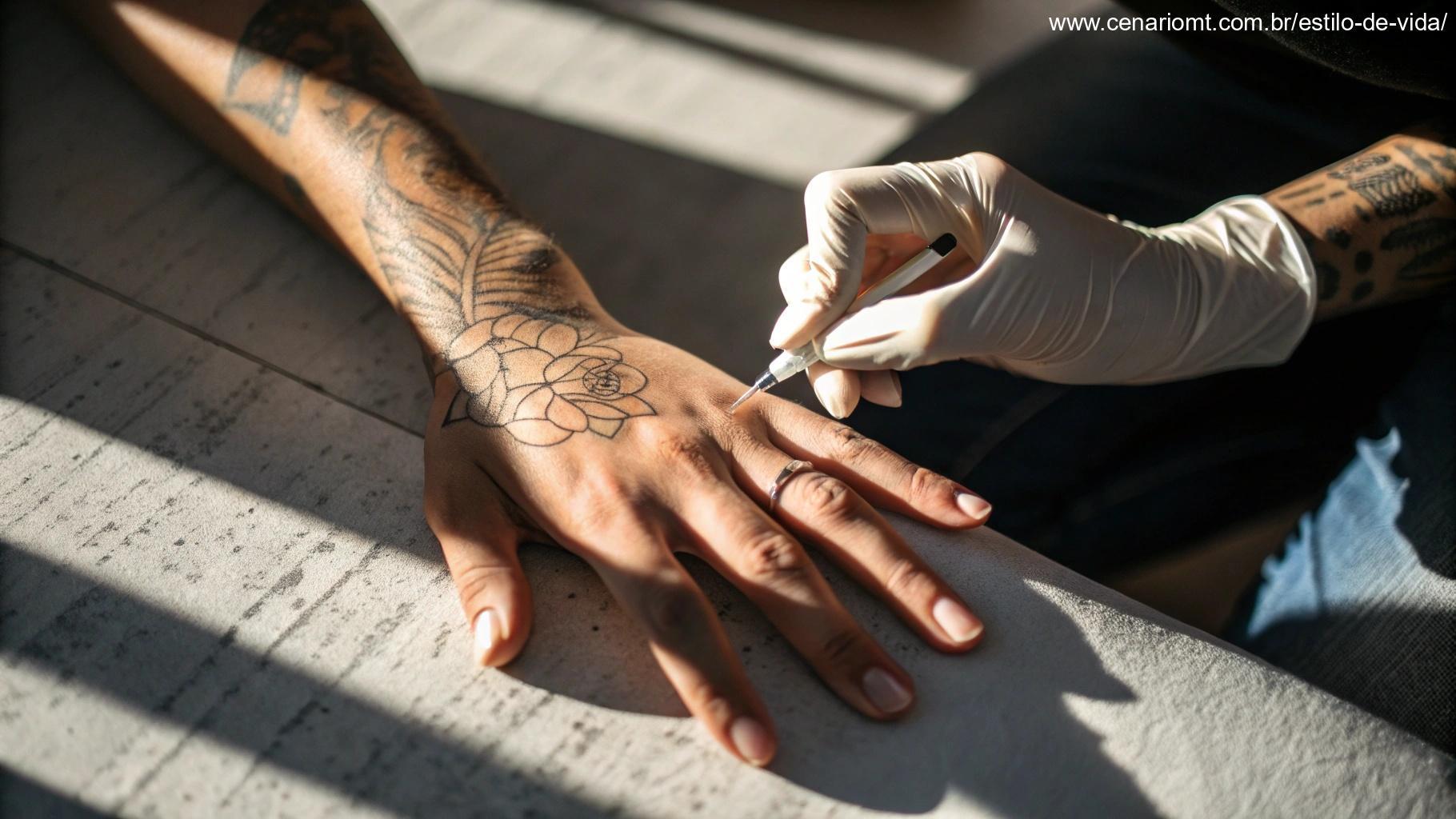 Imagem de mãos e dedos com tatuagem.