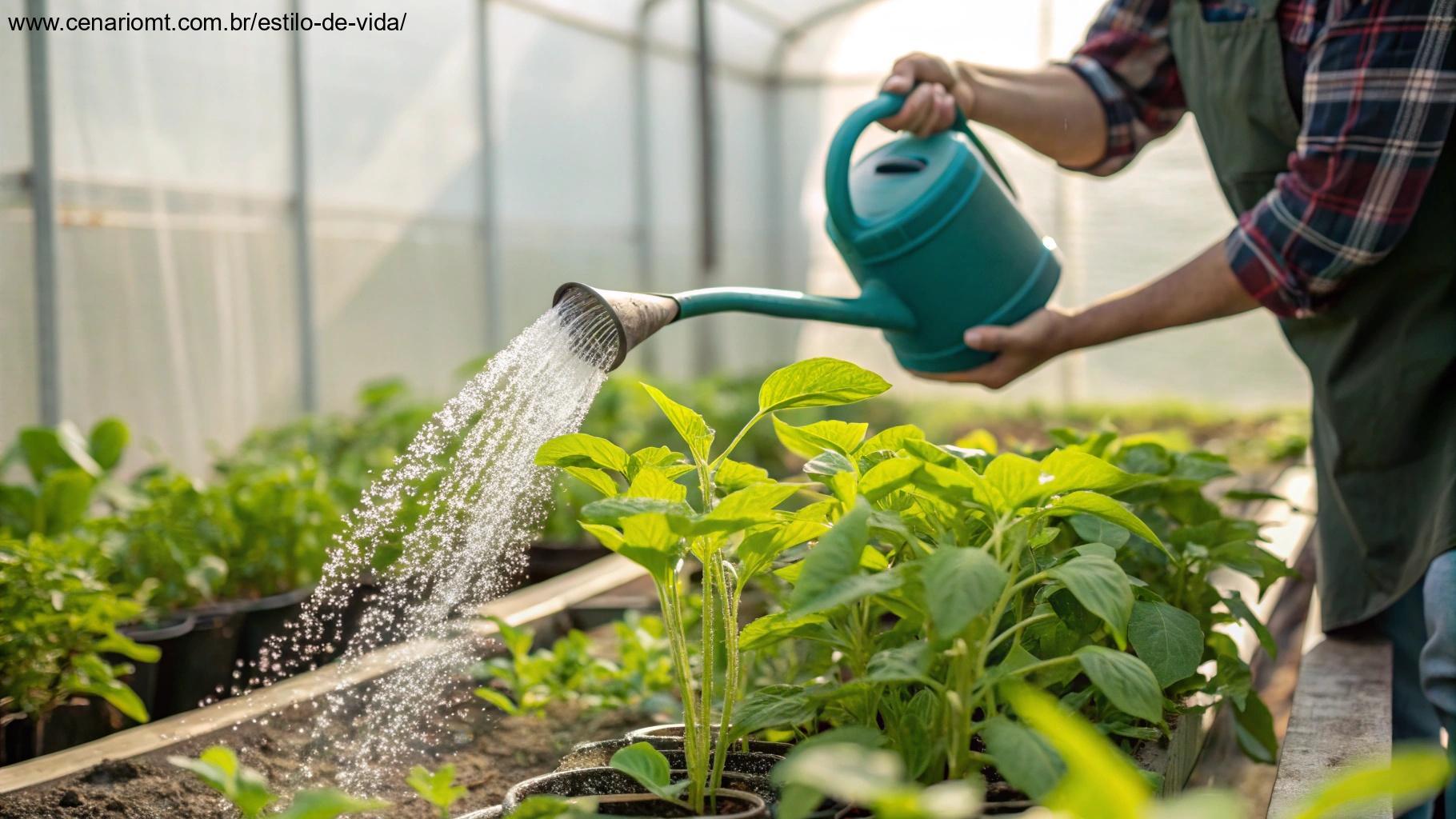 Uma pessoa regando plantas com a quantidade exata de água de um regador, mostrando plantas saudáveis prosperando.