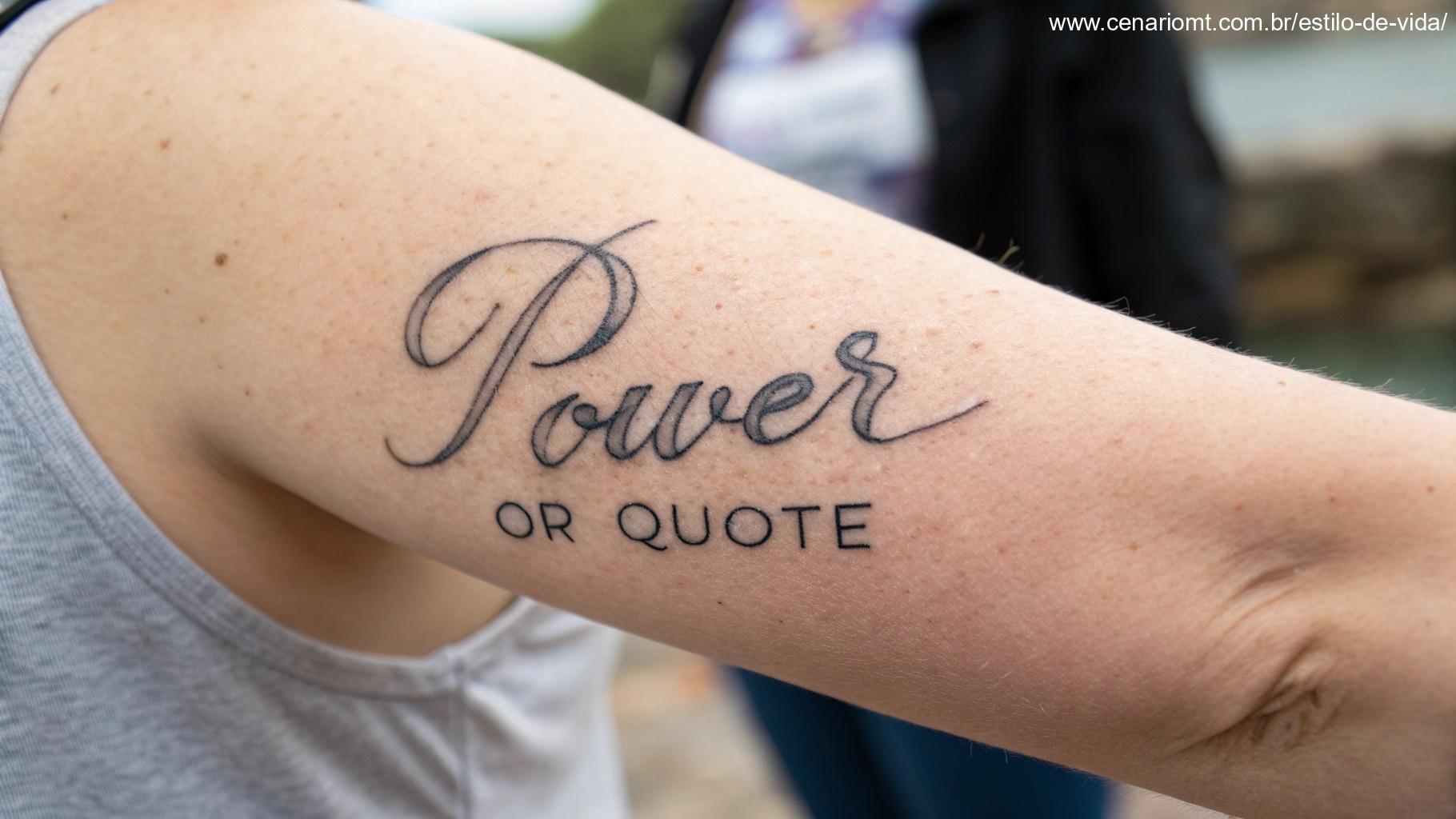 Tatuagem de palavras ou citações, representando força pessoal.