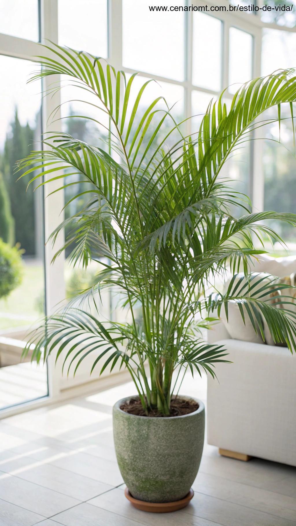 Imagem de uma planta Palmeira Areca com longas folhas verdes e delicadas.